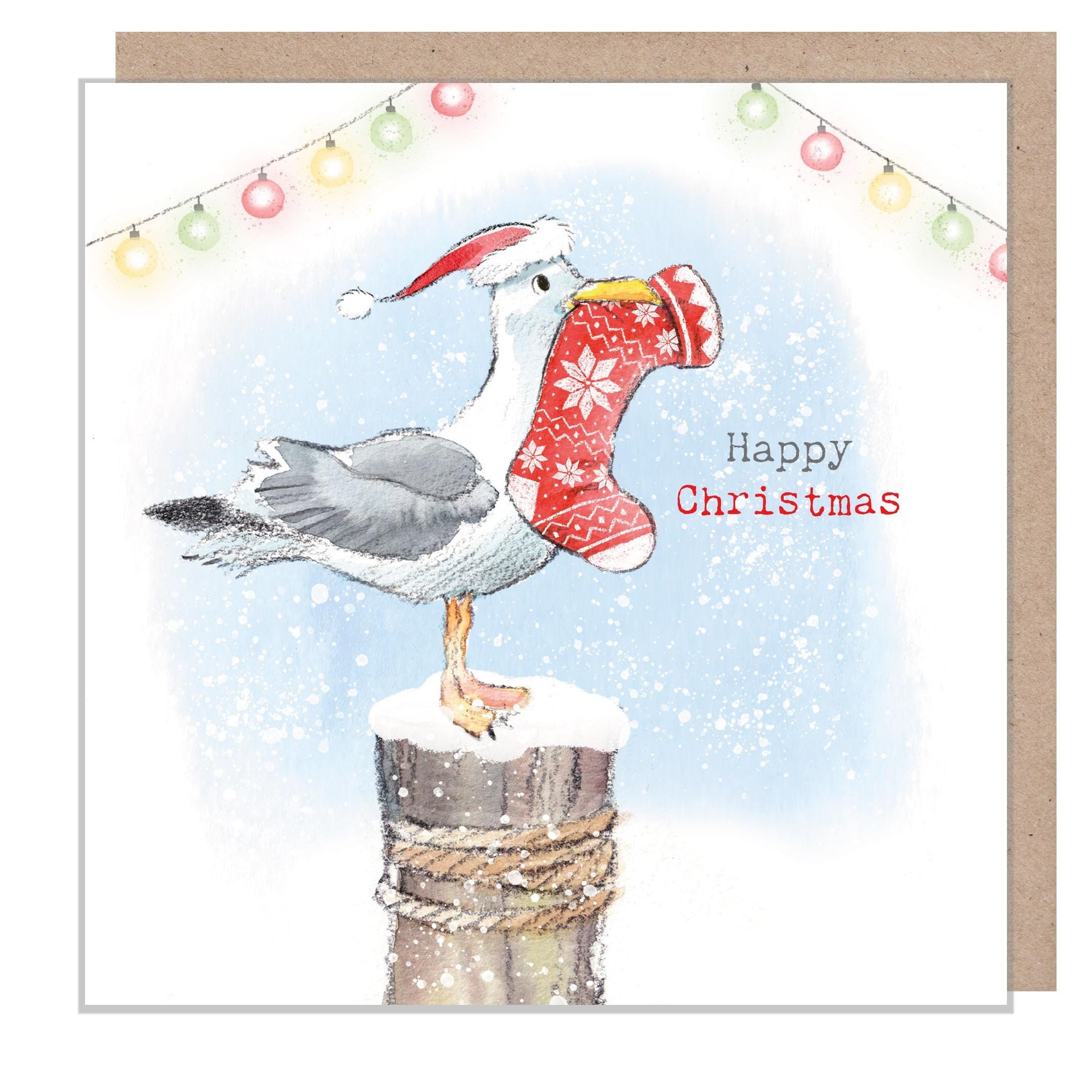 Christmas Card - Seagull and Stocking - Happy Christmas