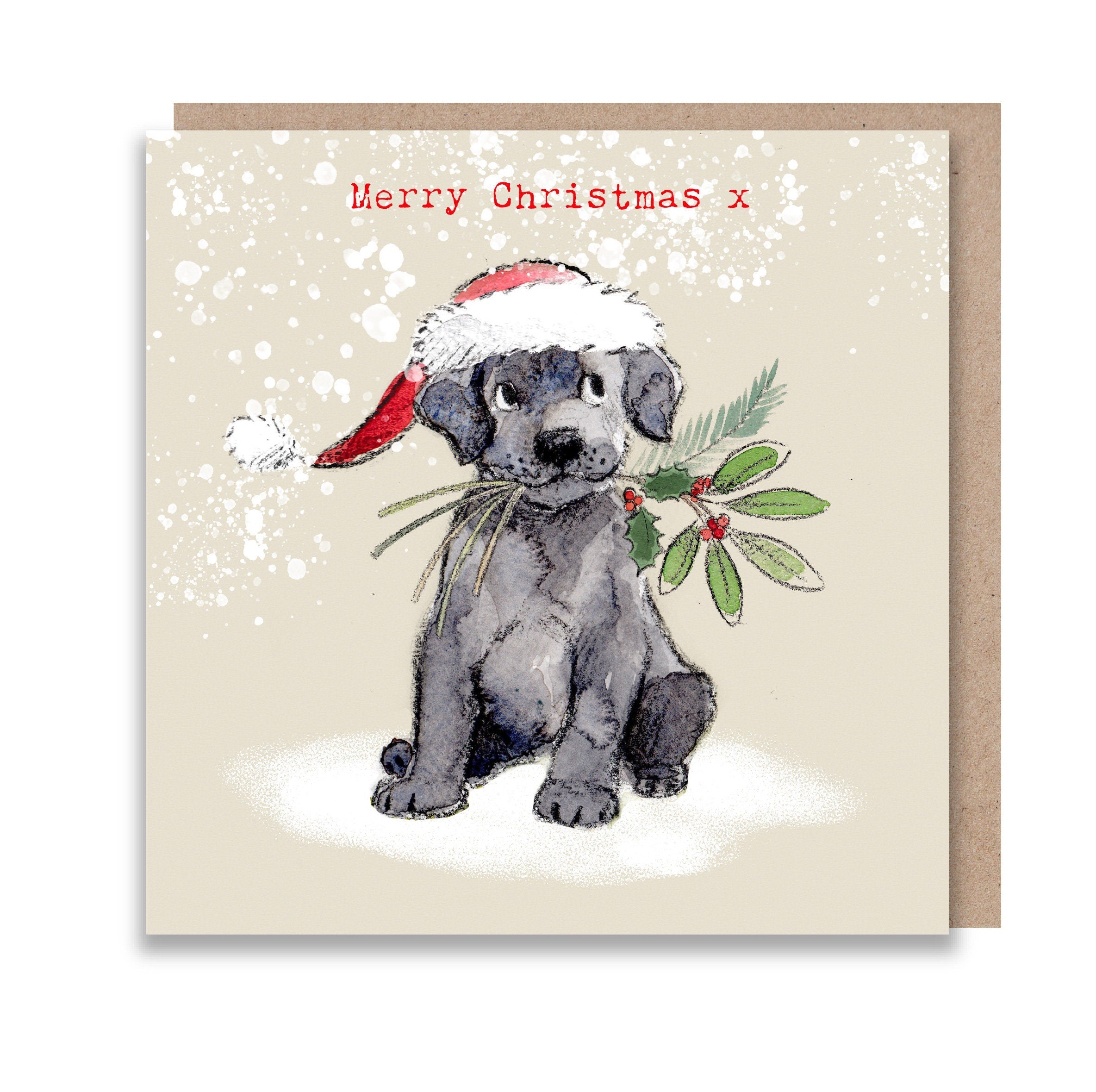 Christmas Card - Merry Christmas - Black Labrador Puppy with Winter Foliage in It's Mouth.
