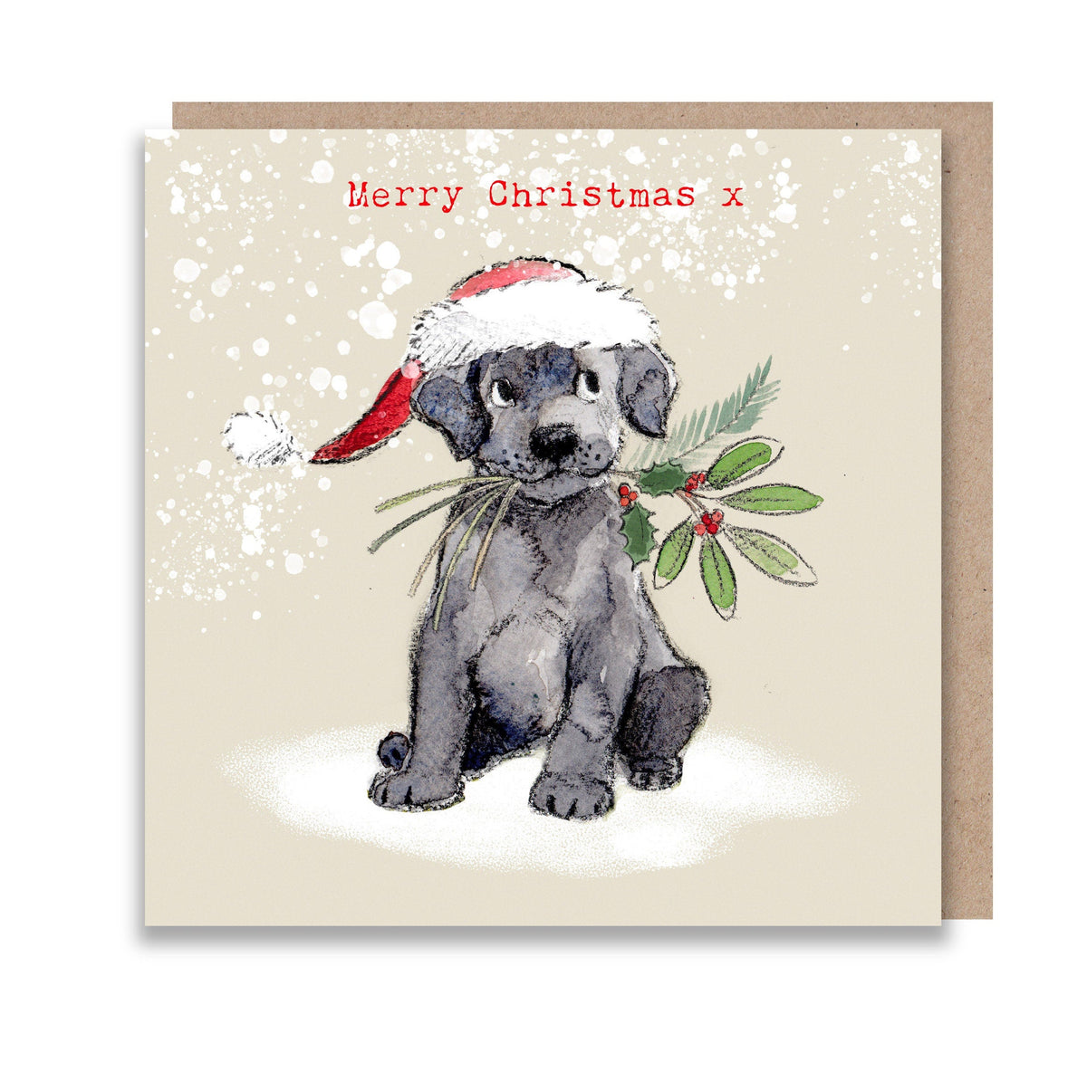 Christmas Card - Merry Christmas - Black Labrador Puppy with Winter Foliage in It's Mouth.
