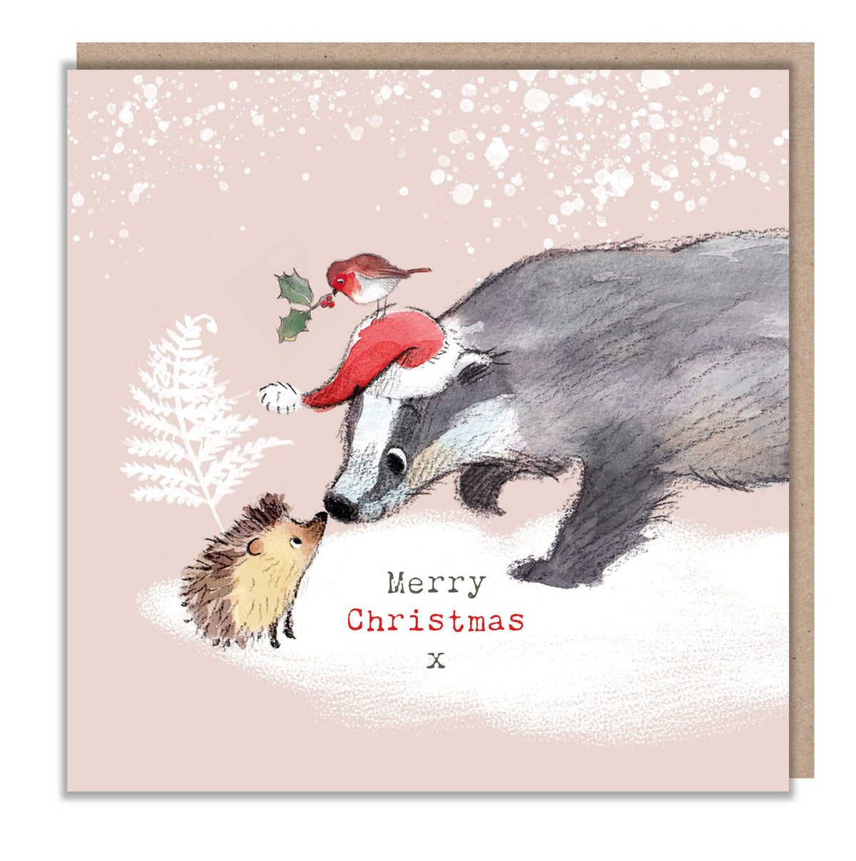 Christmas Card - Merry Christmas - Badger, Robin and Hedgehog.