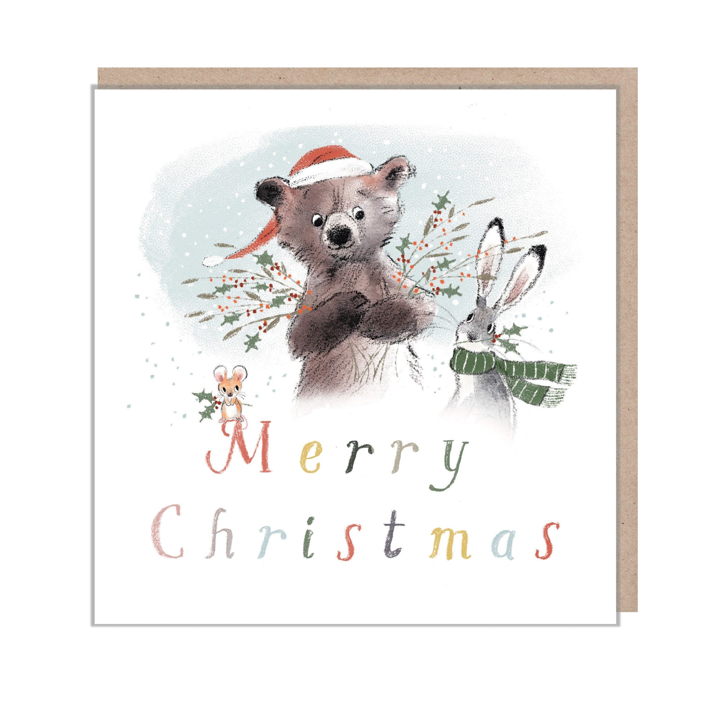 Christmas Card - Merry Christmas - Bear, Hare and Mouse Holding Winter Foliage.