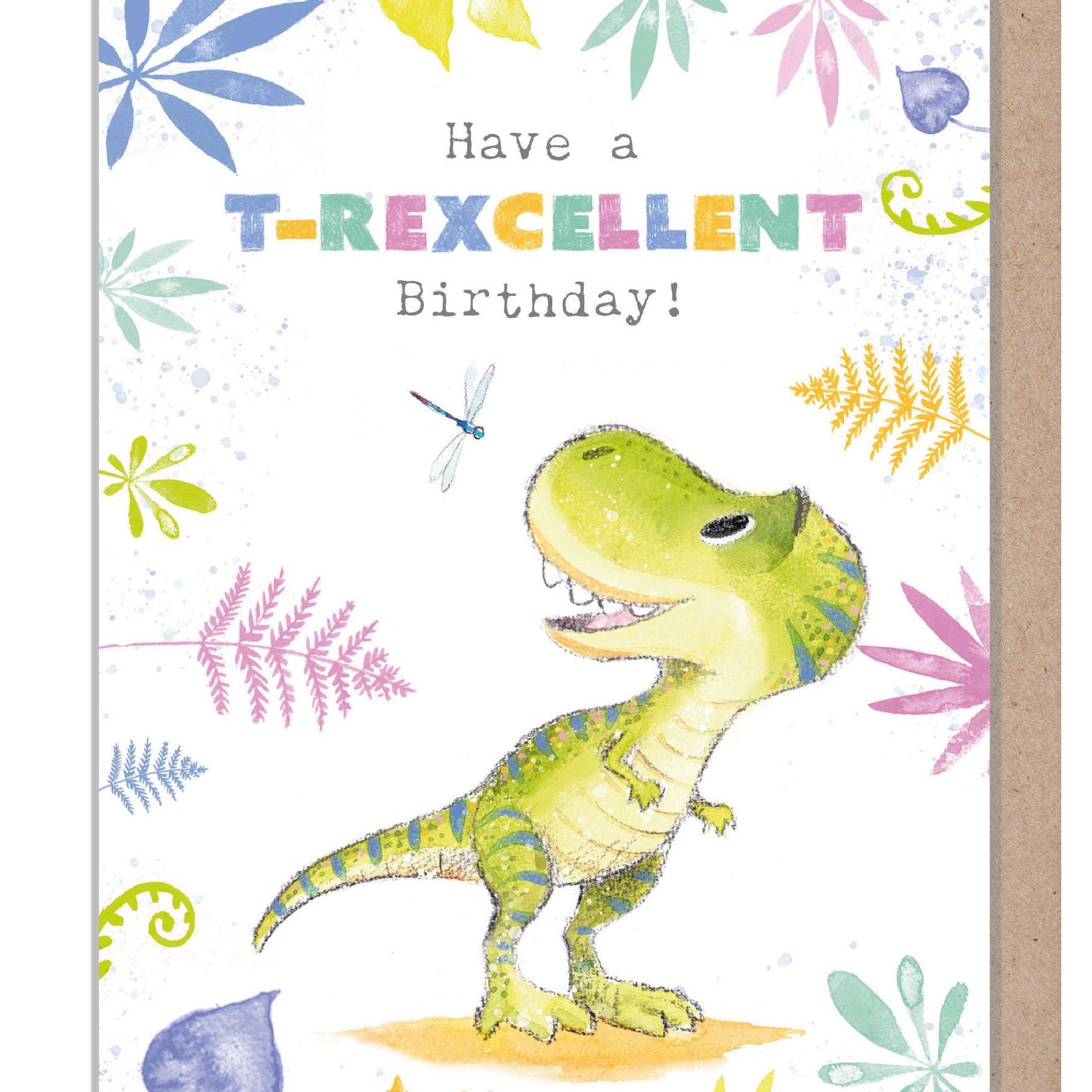 Birthday Card - T-Rexcellent Birthday - Tyrannosaurus Rex with Dragonfly