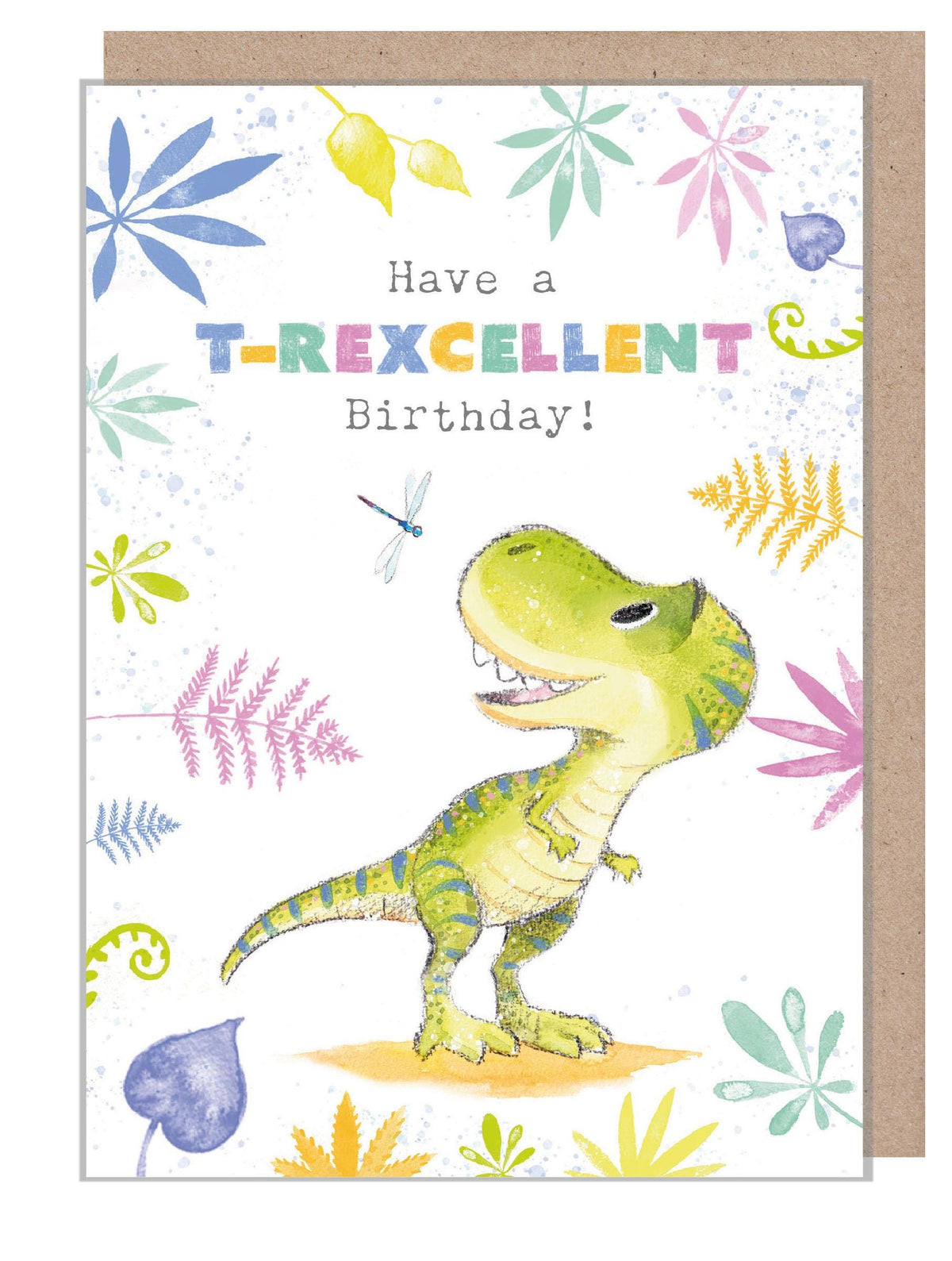 Birthday Card - T-Rexcellent Birthday - Tyrannosaurus Rex with Dragonfly