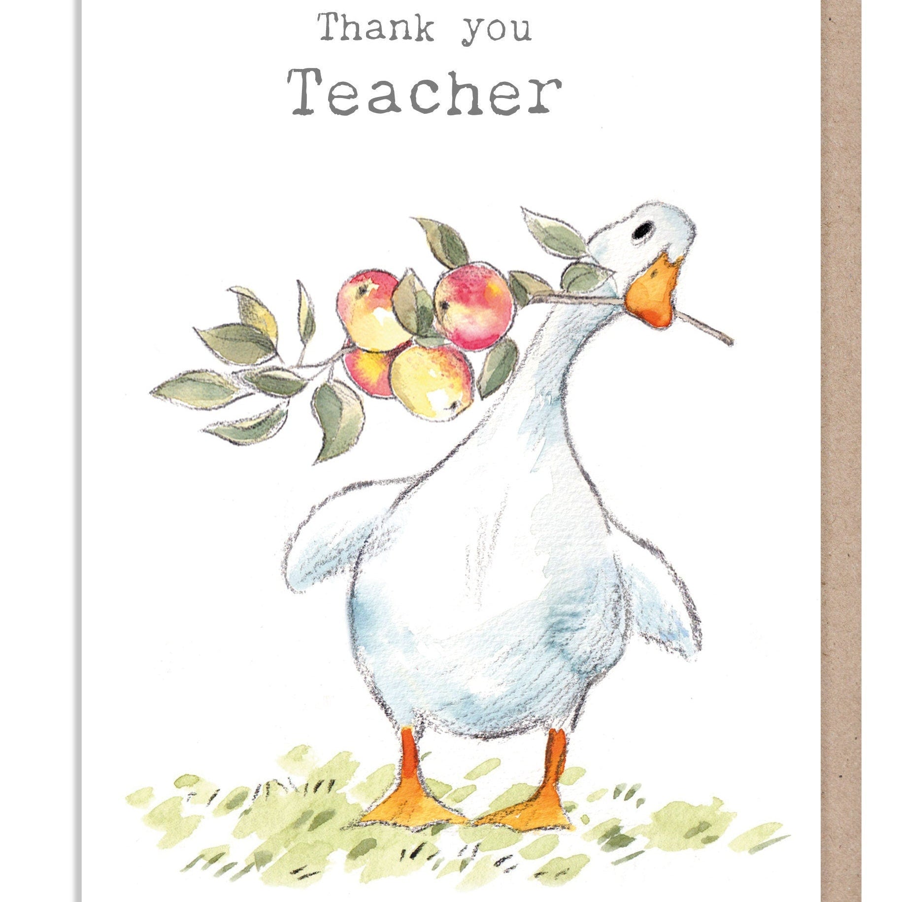 Greeting Card - Thank You Teacher - White Duck with Apples