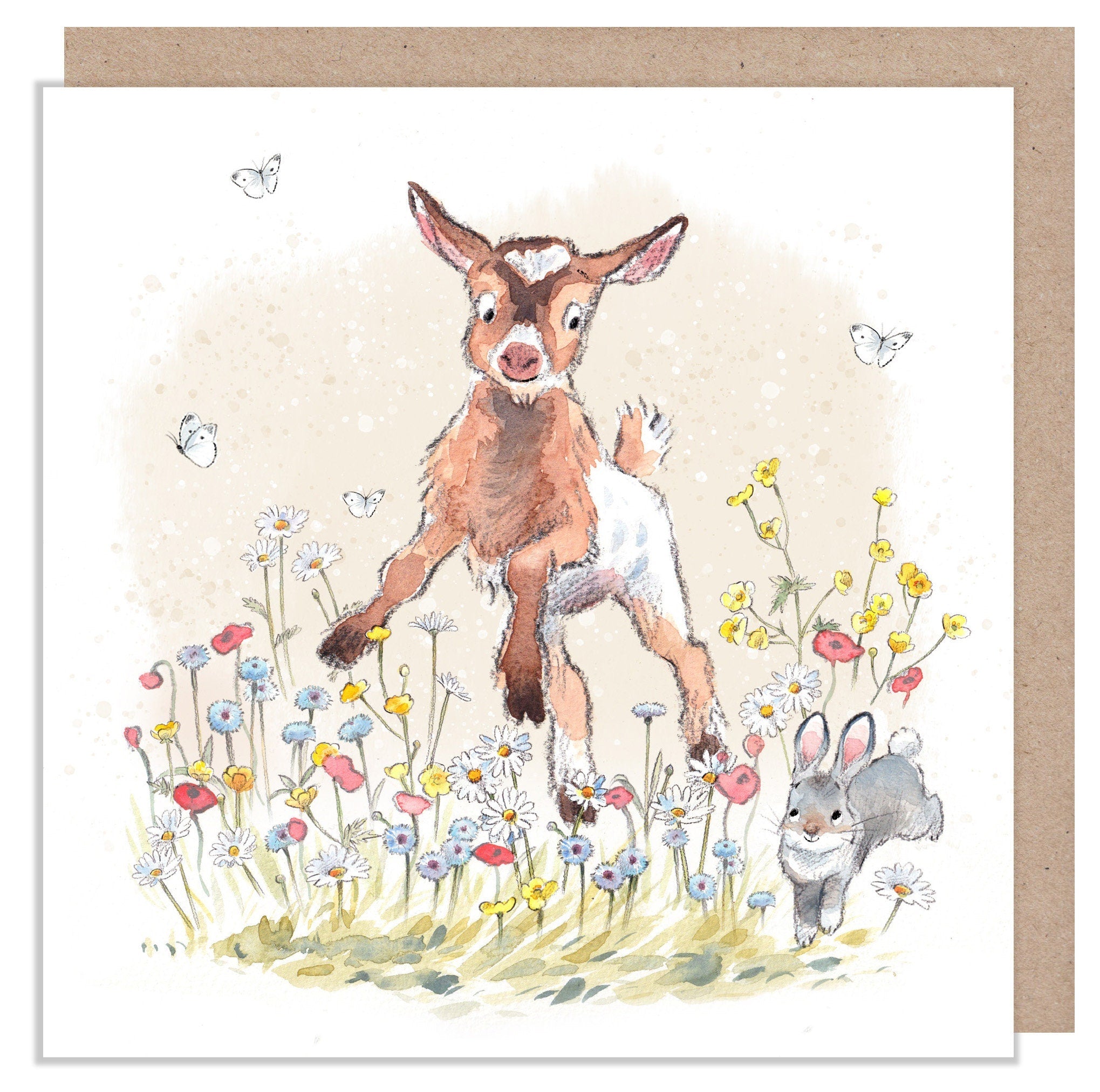 Greeting Card - Blank - Jumping Goat with Rabbit in Meadow