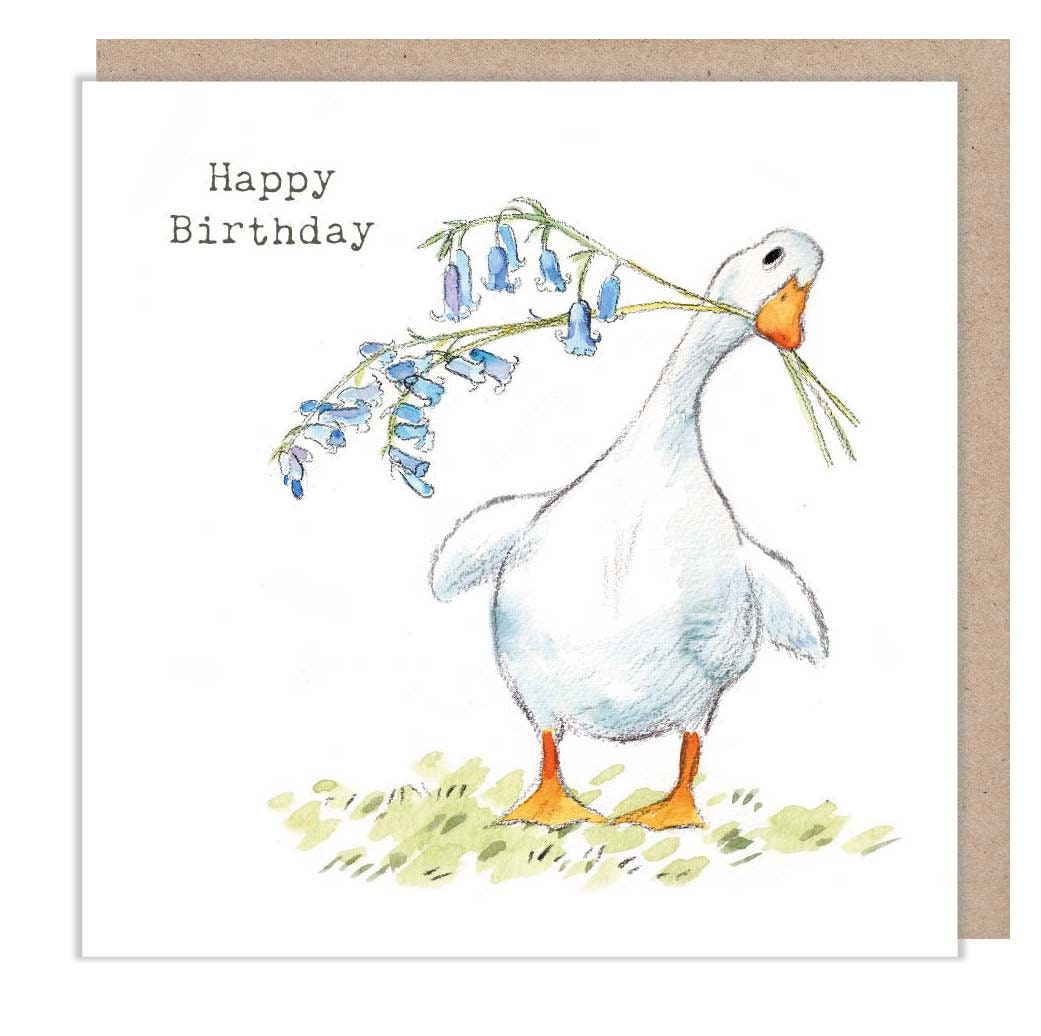 Greeting Card 'Happy Birthday' - White Duck with Bluebells