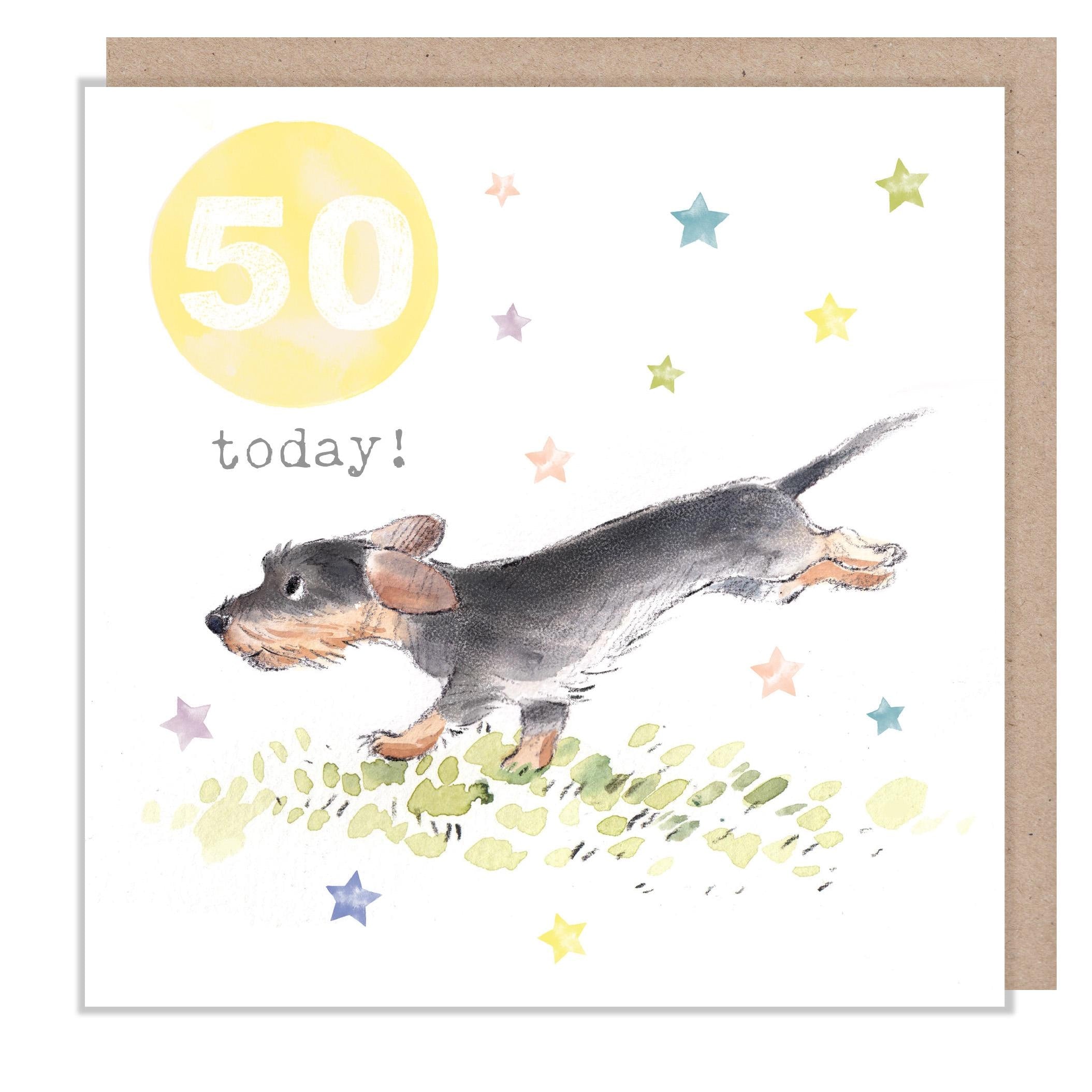 Age 50 Card - Dachshund Running with Stars