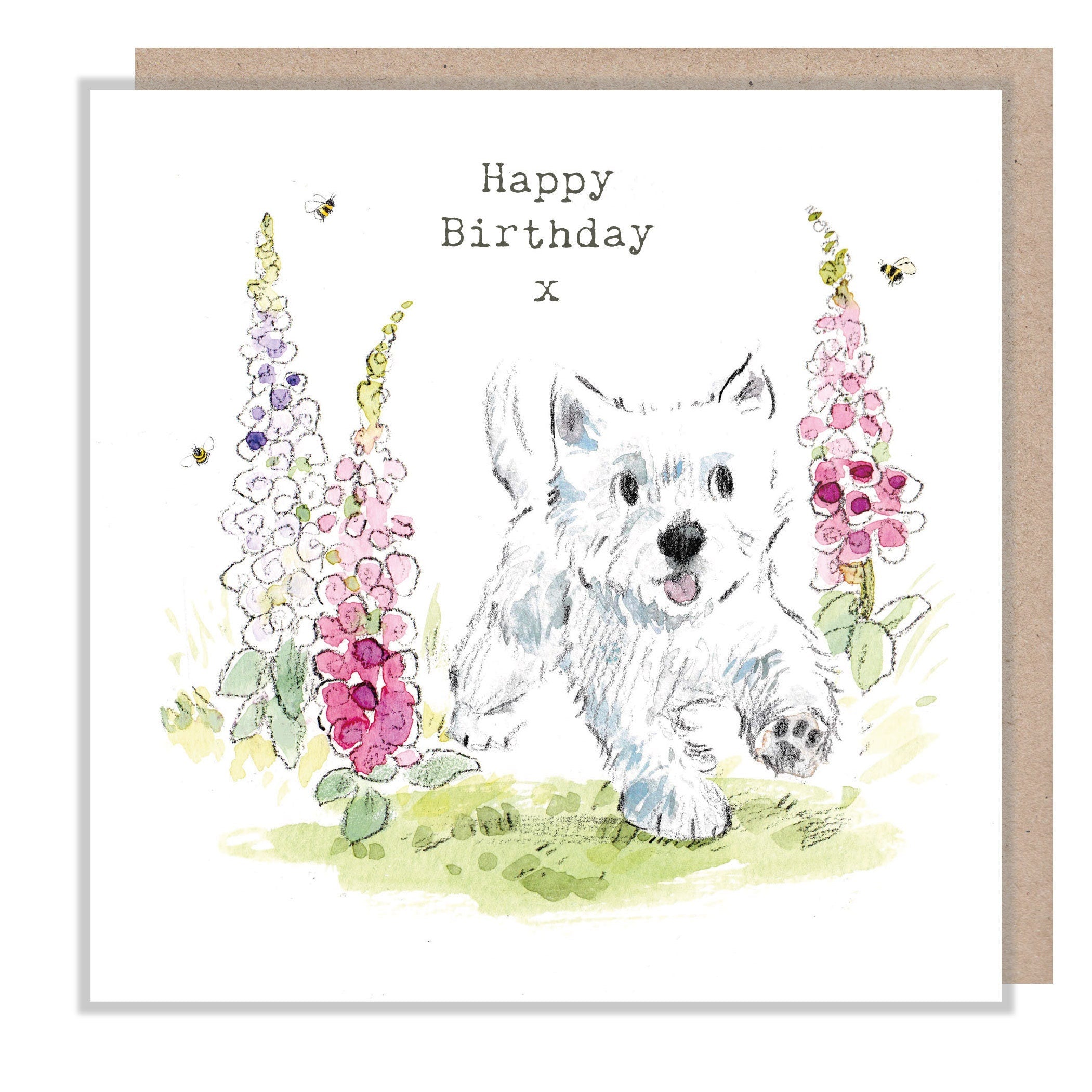 Birthday Card - Happy Birthday - Westie with Foxgloves