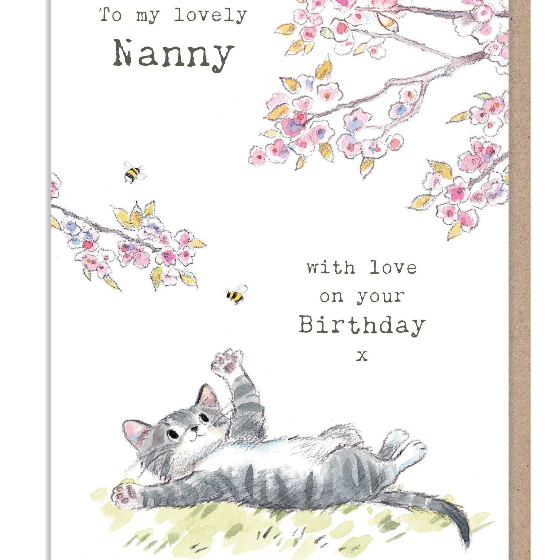 Nanny Birthday Card - to My Lovely Nanny - Cat with Cherry Blossom