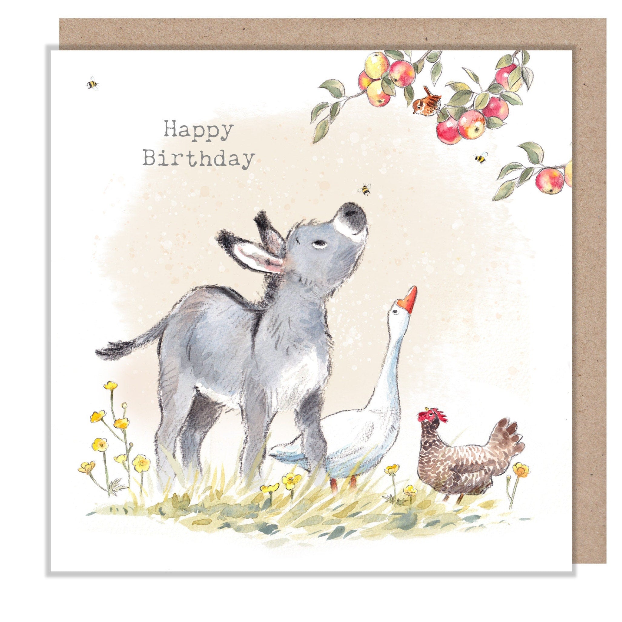 Birthday Card - Happy Birthday - Donkey, Goose and Hen with Bird in Apple Tree