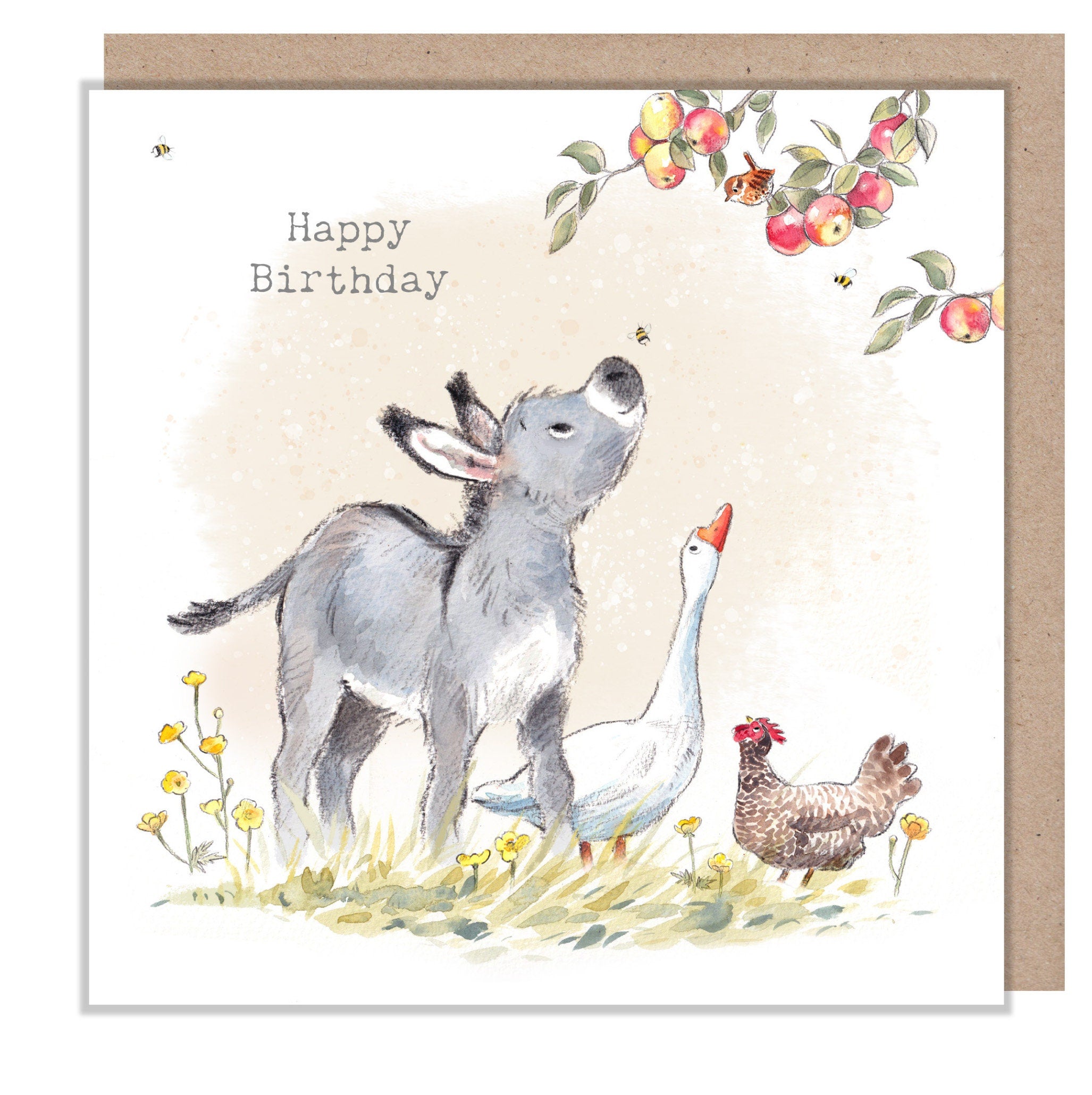 Birthday Card - Happy Birthday - Donkey, Goose and Hen with Bird in Apple Tree