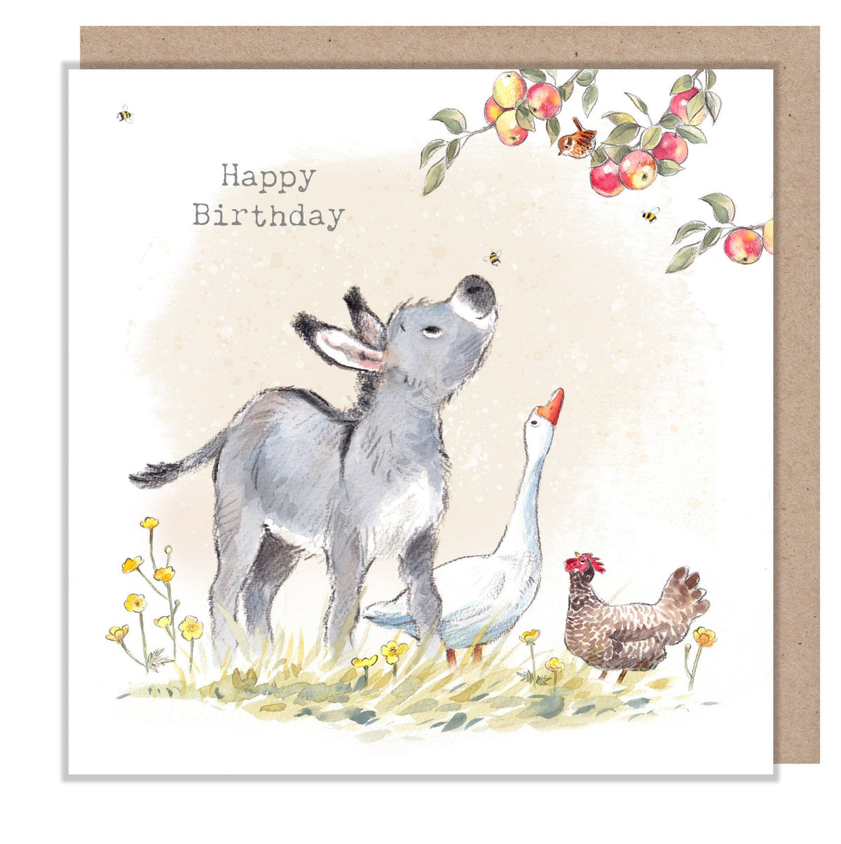 Birthday Card - Happy Birthday - Donkey, Goose and Hen with Bird in Apple Tree
