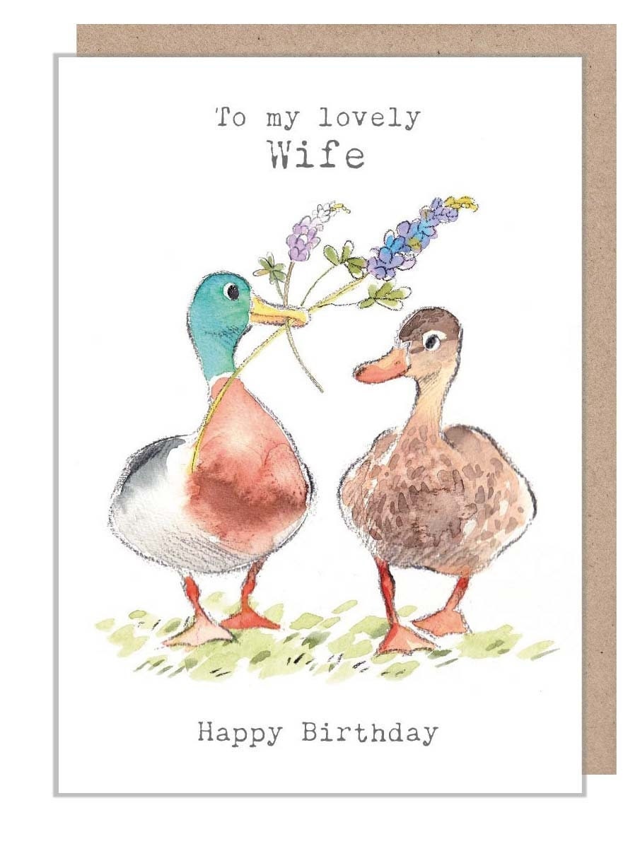 Birthday Card - Lovely Wife - Ducks with Flowers