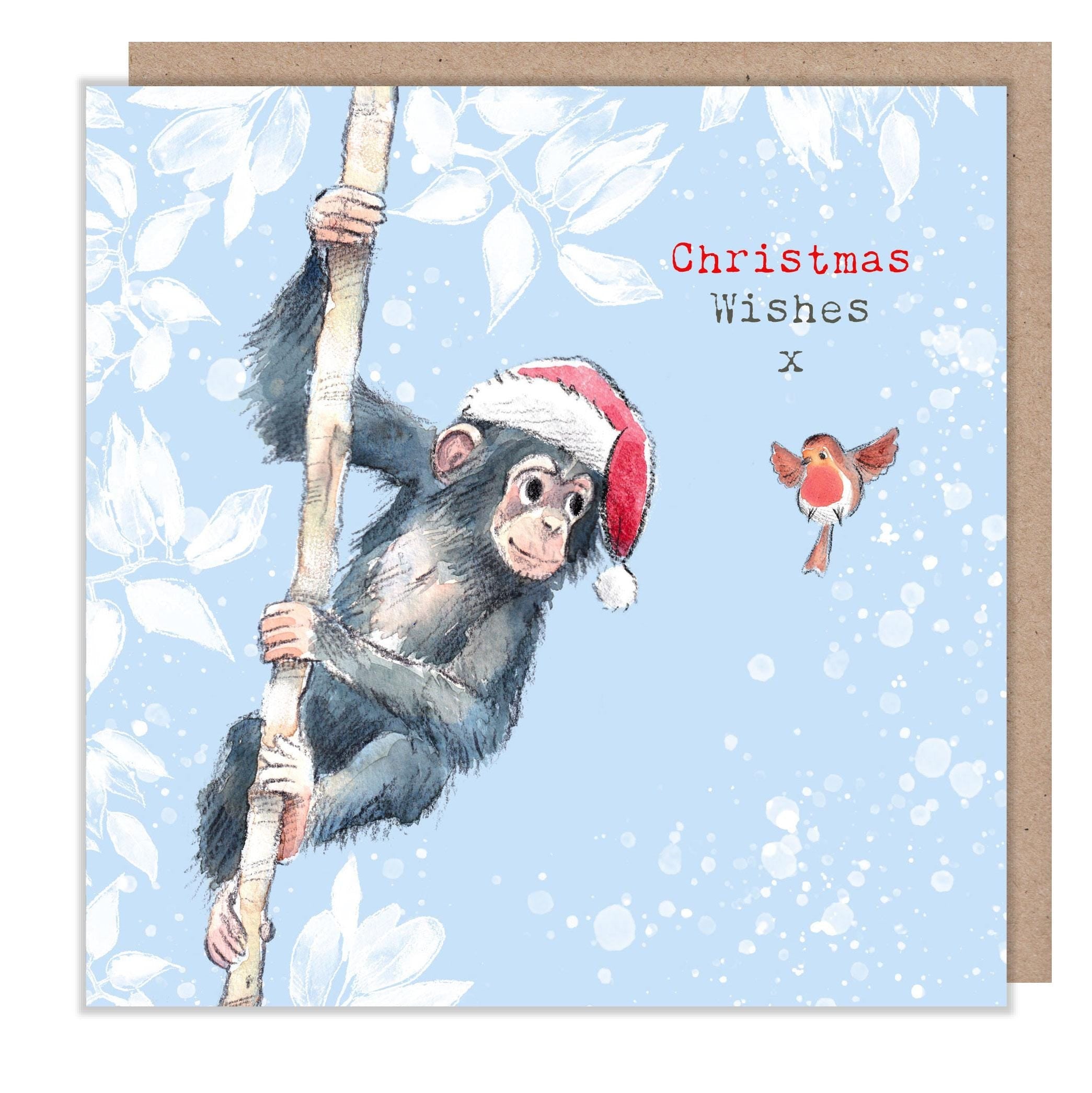 Christmas Card - Christmas Wishes x - Chimpanzee with Robin