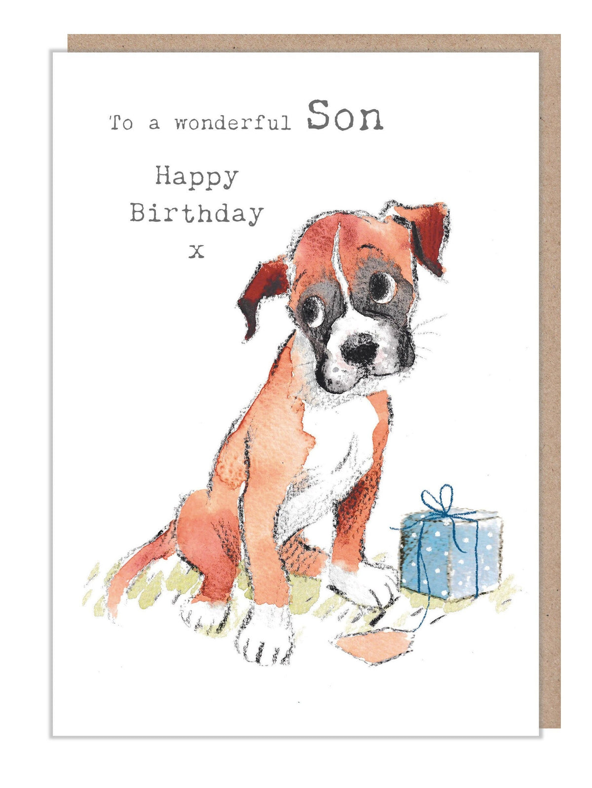 Son Birthday Card - Boxer Dog with Parcel