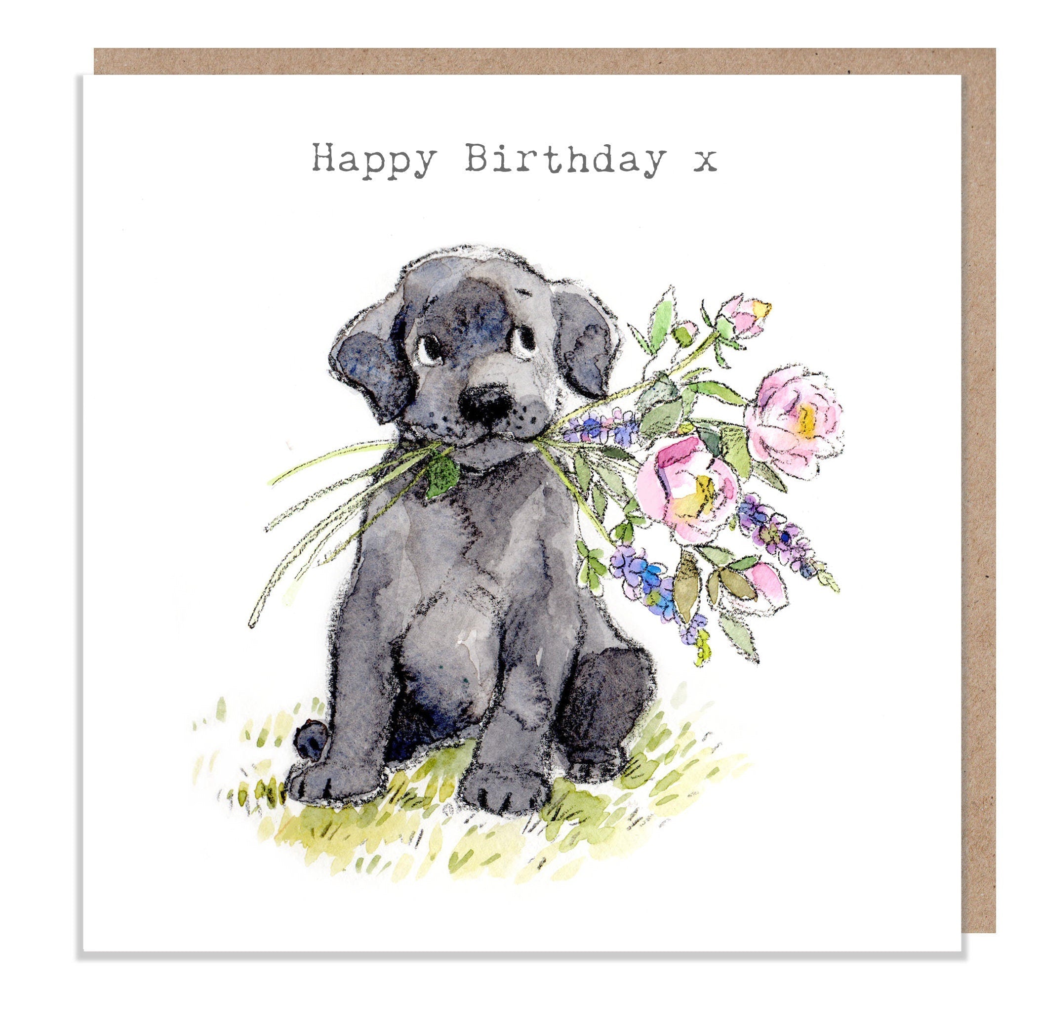 Cute Dog Birthday Card - Black Labrador with Flowers