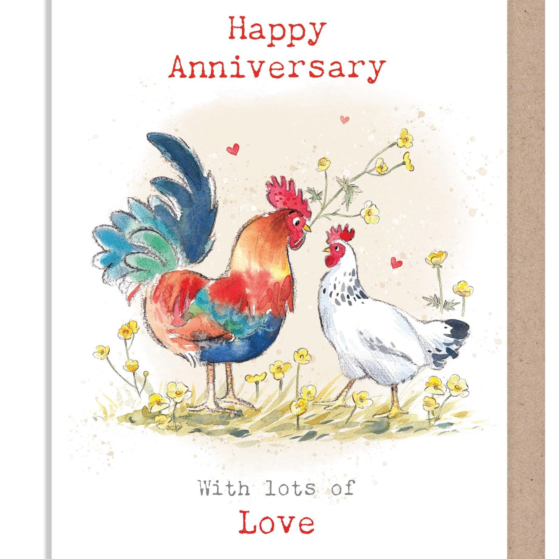 Greeting Card - Happy Anniversary - Cockerel and Hen with Buttercups