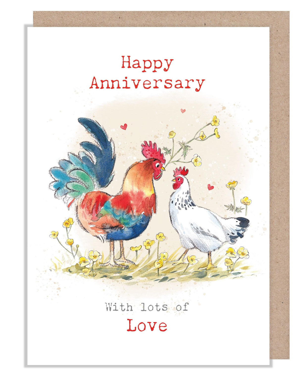 Greeting Card - Happy Anniversary - Cockerel and Hen with Buttercups