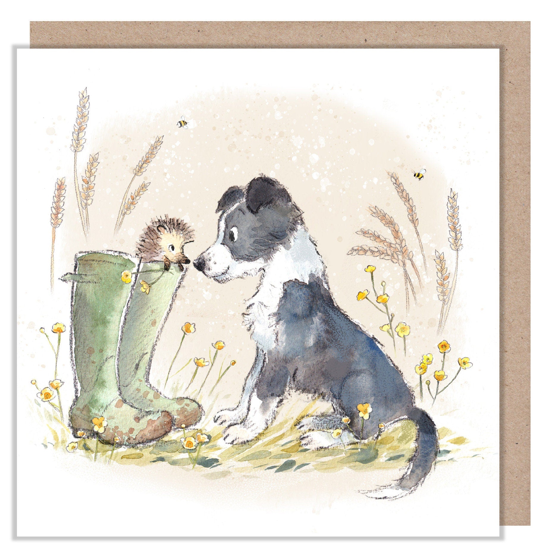 Greeting Card - Blank -  Black & White Puppy with Hedgehog and Wellie Boots