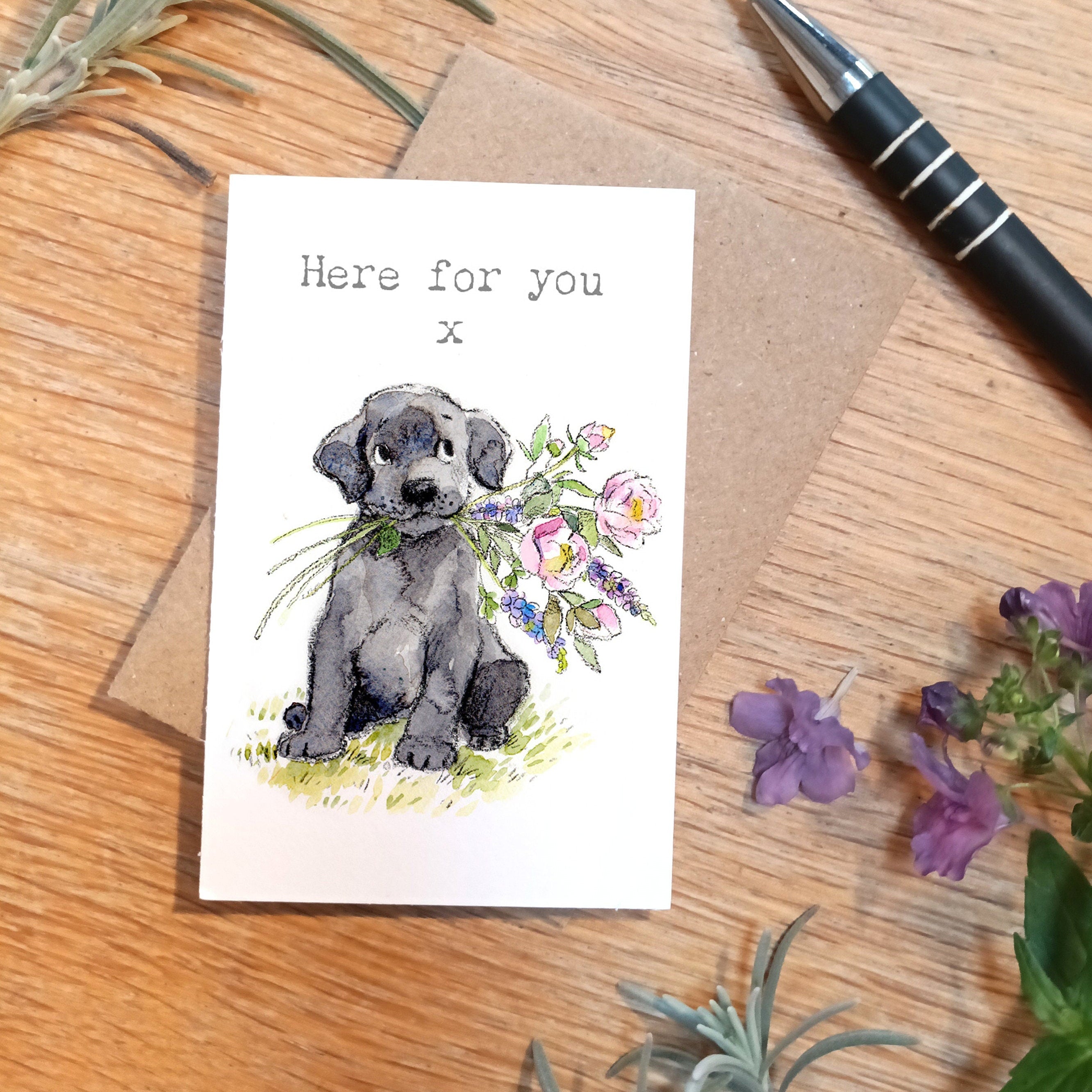 Sentiment Card - Here For You x - Black Labrador Puppy with Flowers