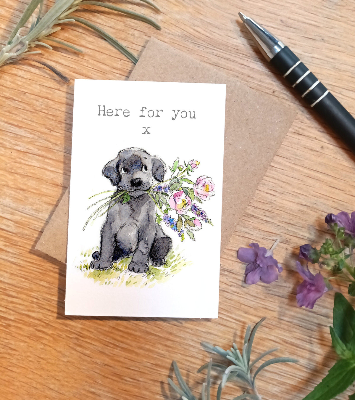 Sentiment Card - Here For You x - Black Labrador Puppy with Flowers