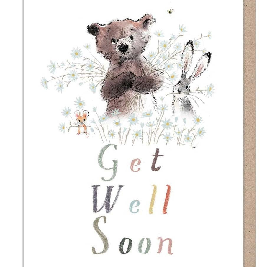 Get Well Soon Card - Bear, Hare and Mouse with Daisies