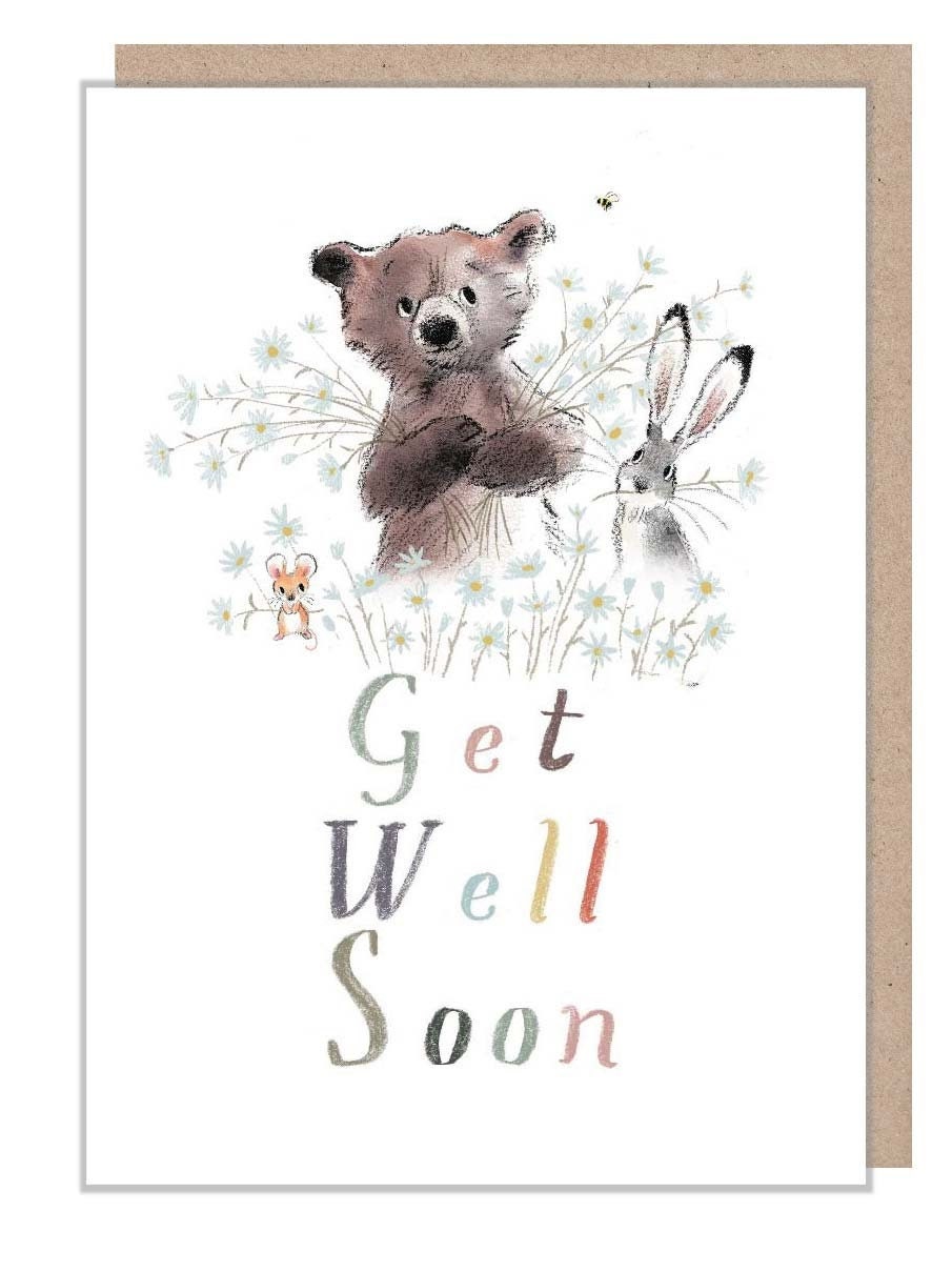 Get Well Soon Card - Bear, Hare and Mouse with Daisies