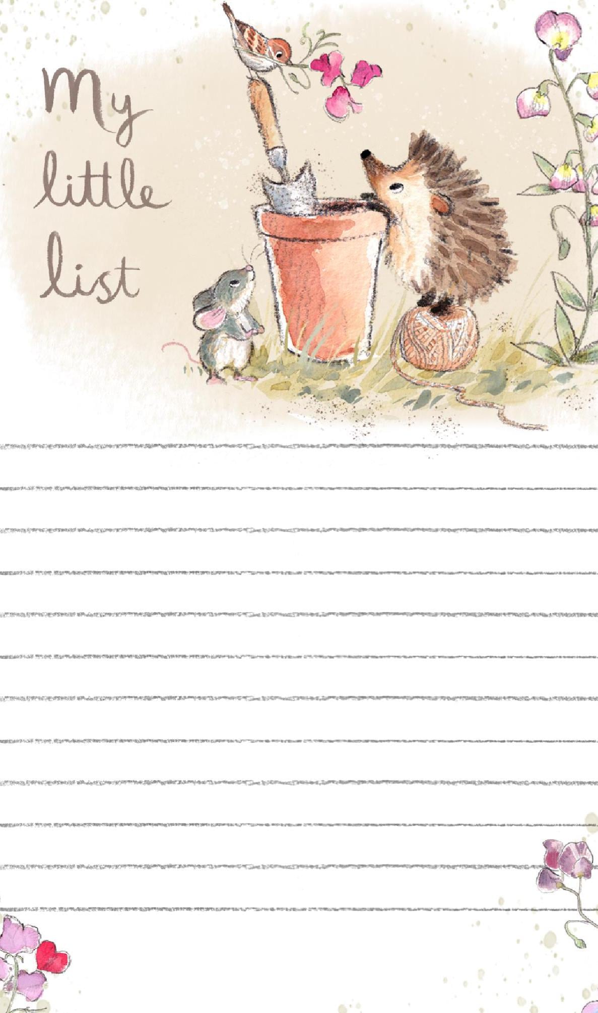 Note Pad - 100 Sheets - My Little List - Hedghog, Mouse and Bird, Flower Pot and Flowers