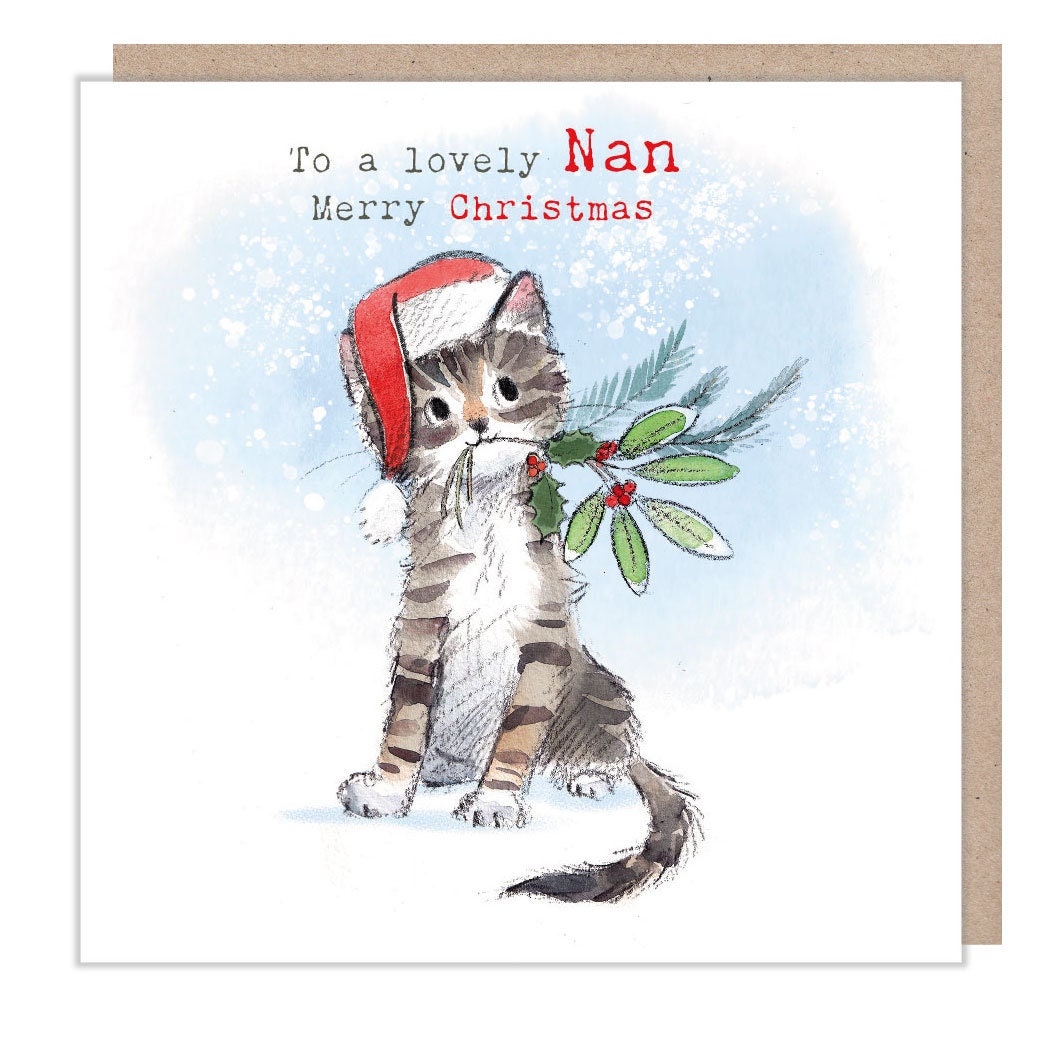 Christmas Card - Kitten Wearing Hat with Foliage in It's Mouth. to a Lovely Nan