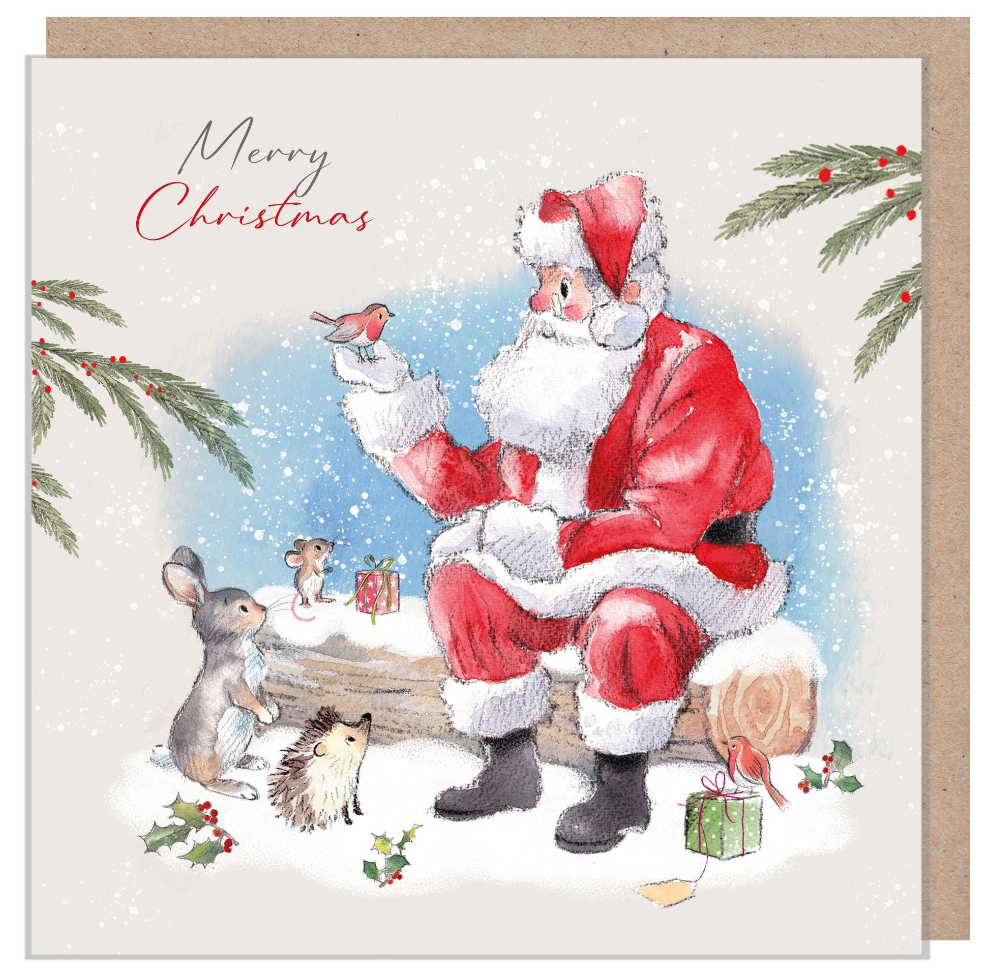 Christmas Card -Santa Sitting on Log with Animals - Merry Christmas