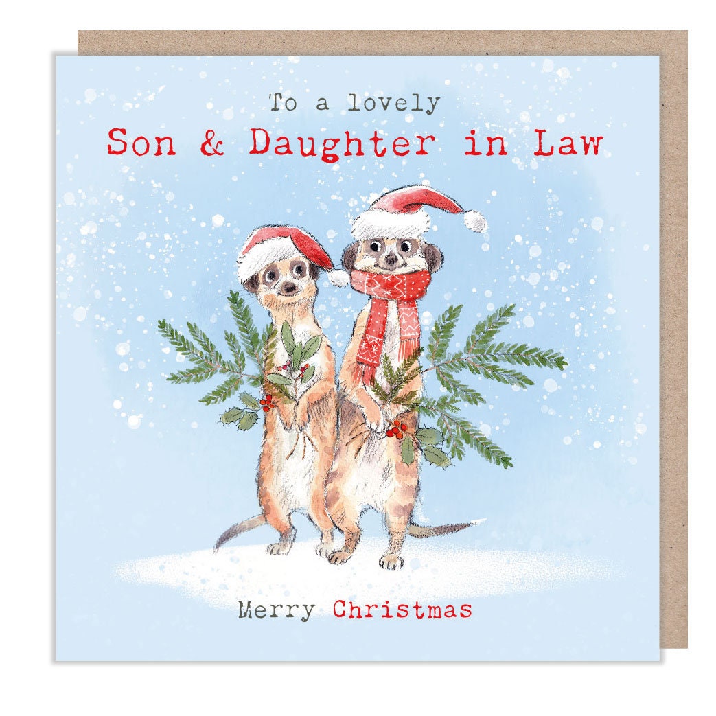 Christmas Card - 2 x Meerkats Wearing Hats and Scarves. Holding Foliage. to a Lovely Son & Daughter-In-Law