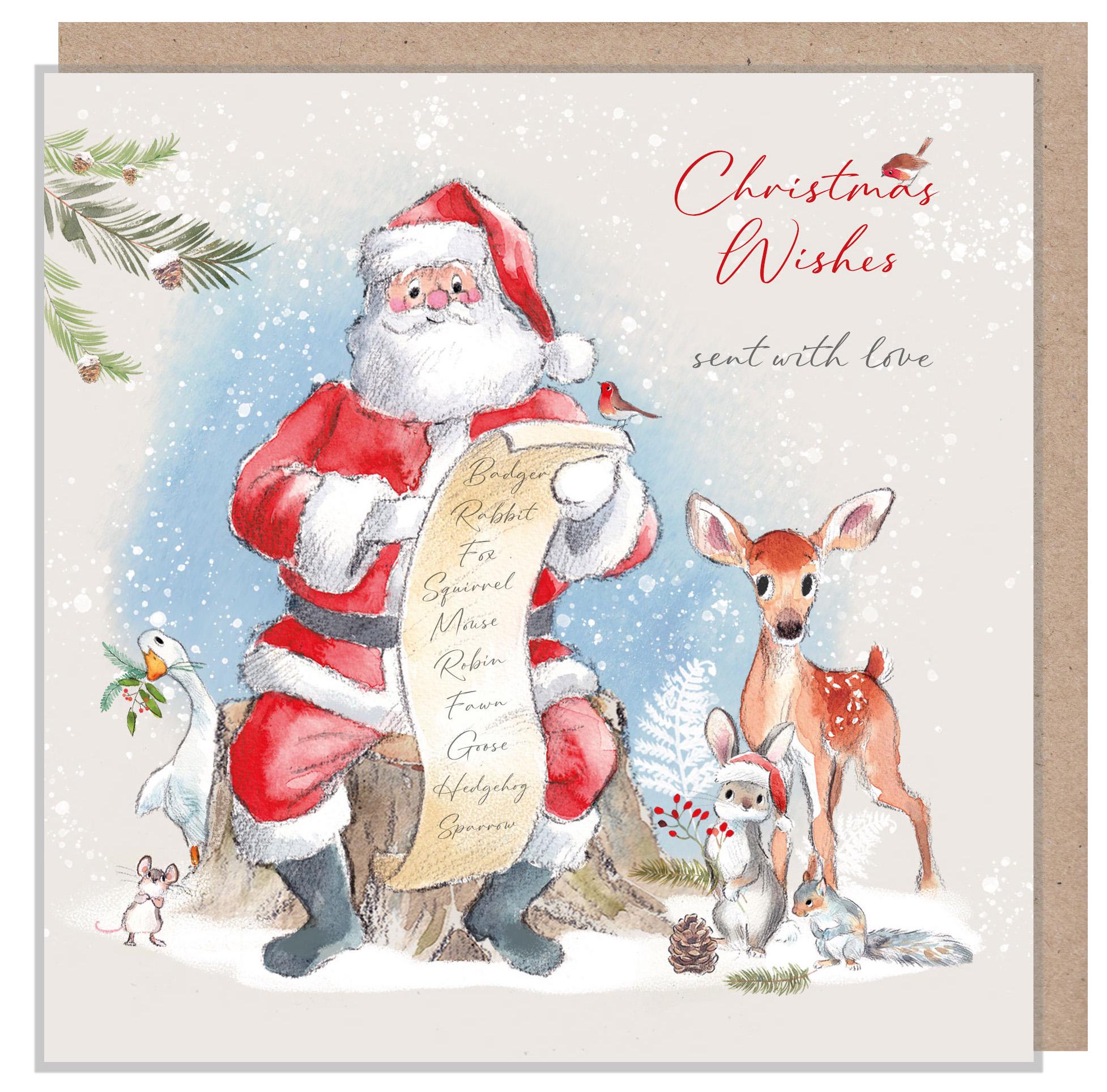 Christmas Card - Santa Reading List with Animals - Christmas Wishes