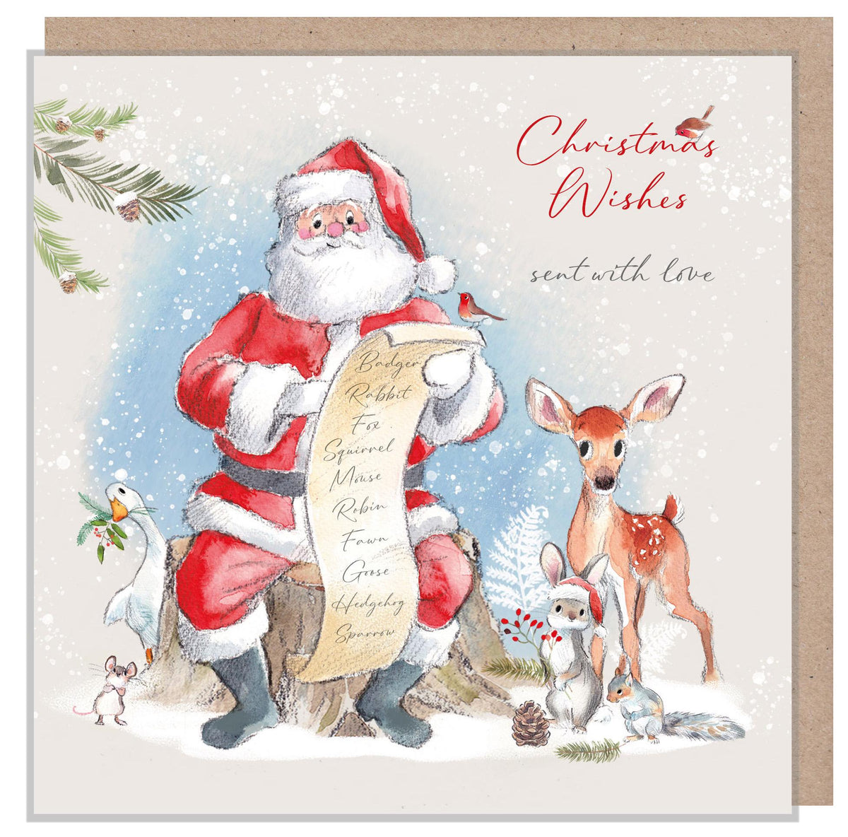 Christmas Card - Santa Reading List with Animals - Christmas Wishes