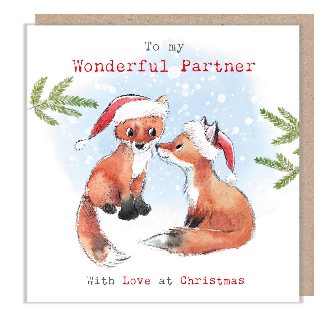 Christmas Card - 2 x Foxes Wearing Christmas Hats. to My Wonderful Partner