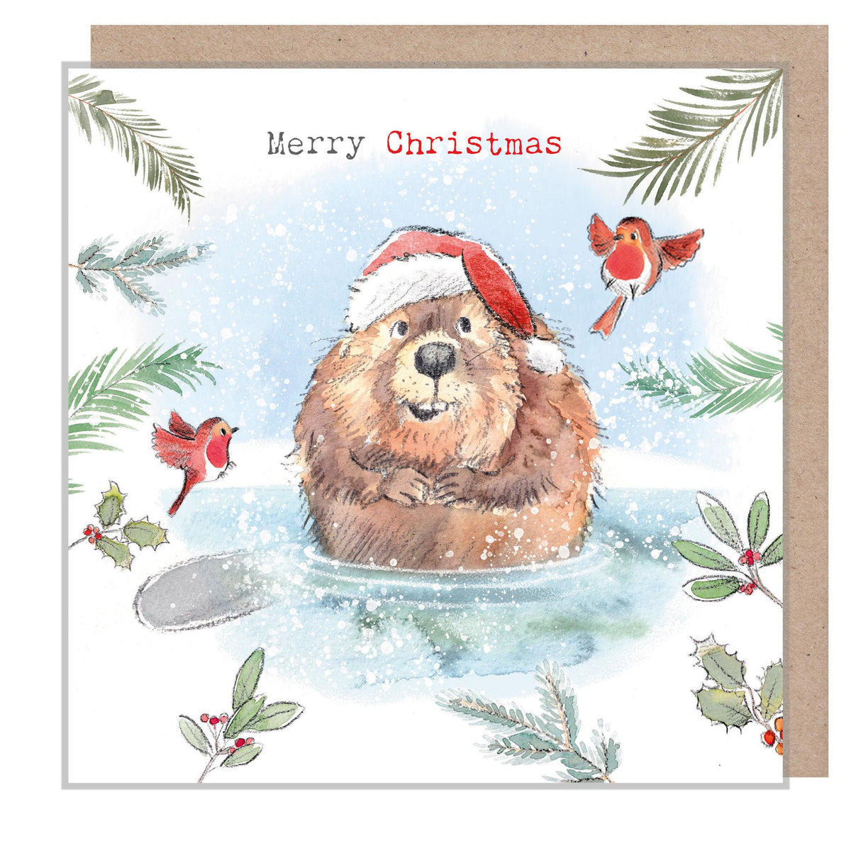 Christmas Card - Beaver with Robins - Merry Christmas