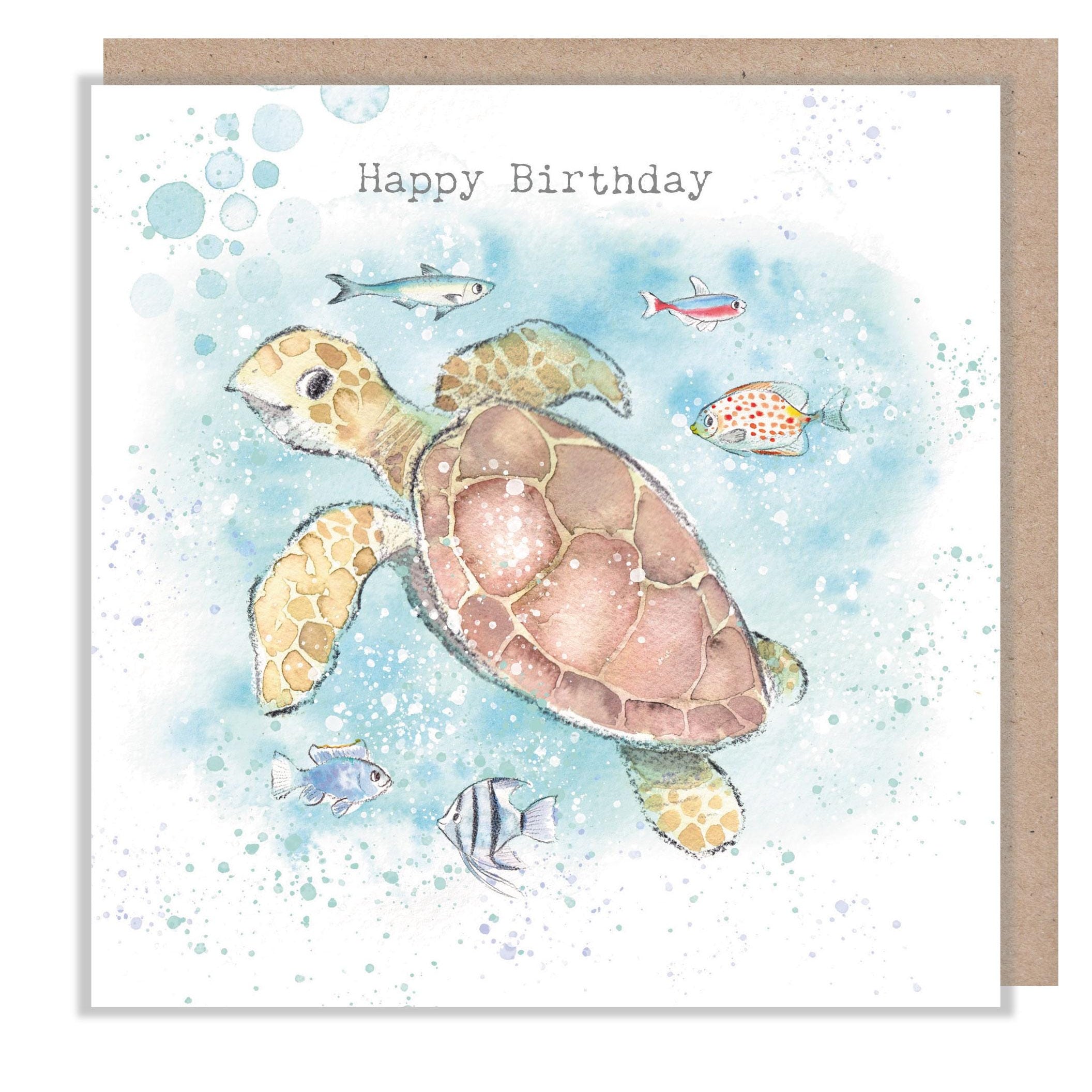 Birthday Card - Happy Birthday - Turtle Swimming with Fish