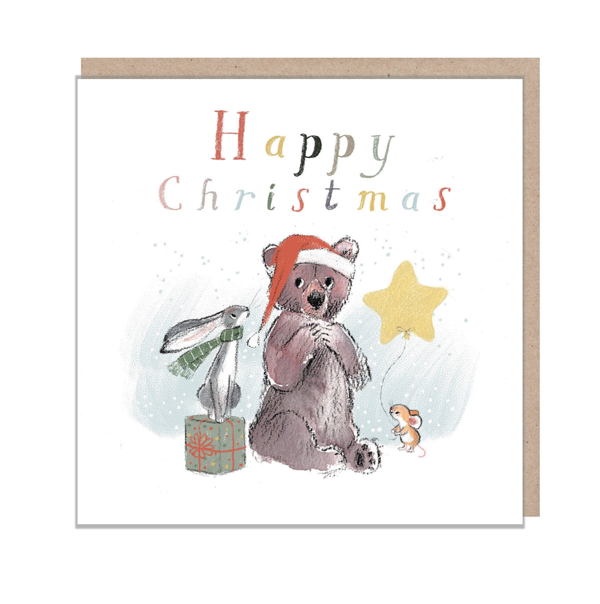 Christmas Card - Happy Christmas - Bear, Hare and Mouse with Yellow Star Balloon.