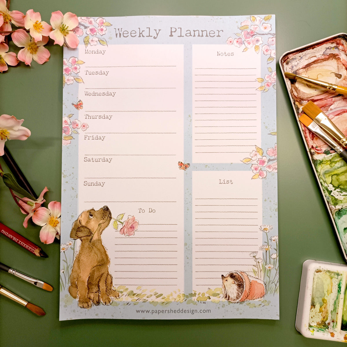 Weekly Planner - -Brown Labrador with Flower, Hedgehog in Pot