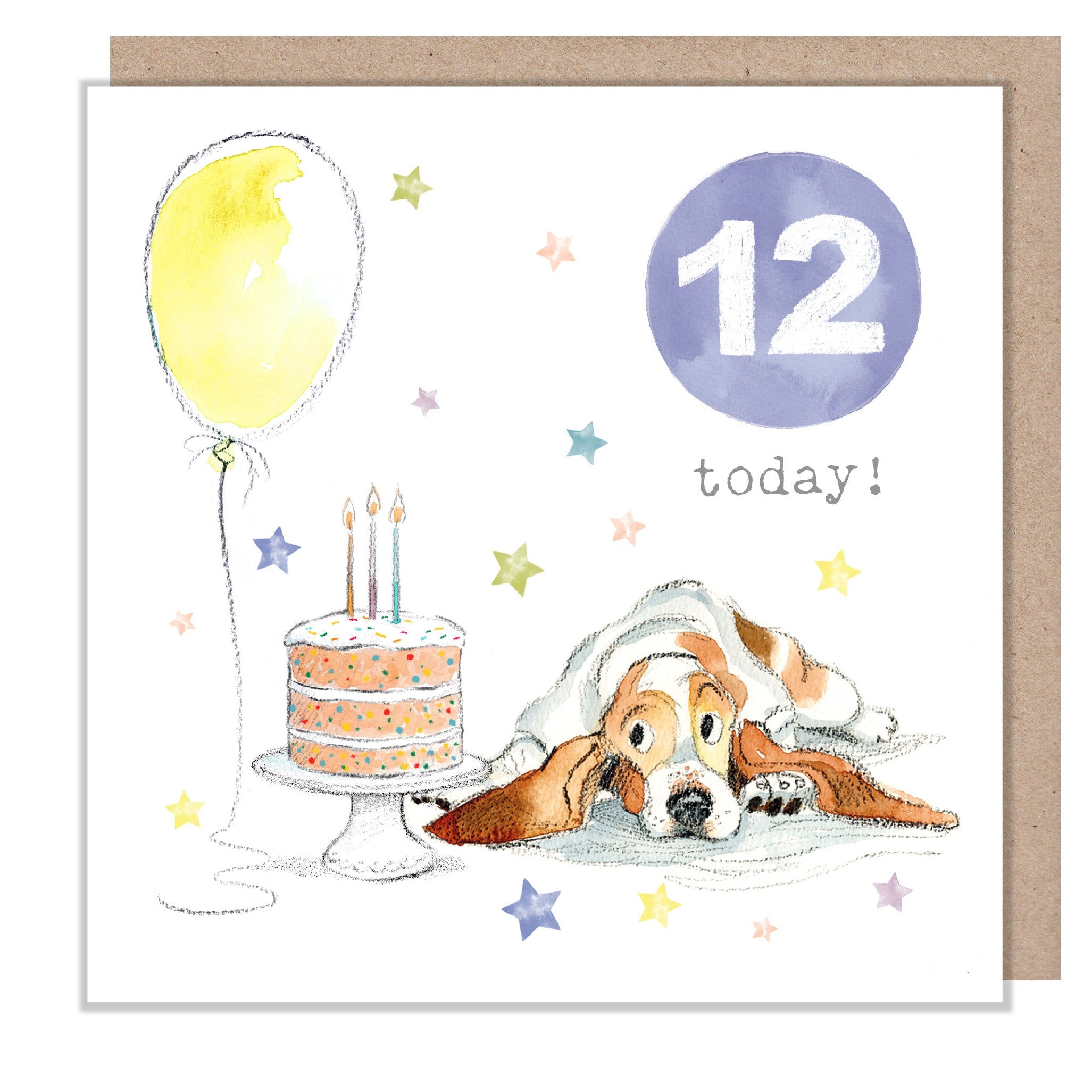 Age 12 Birthday Card - Puppy with Balloon and Cake