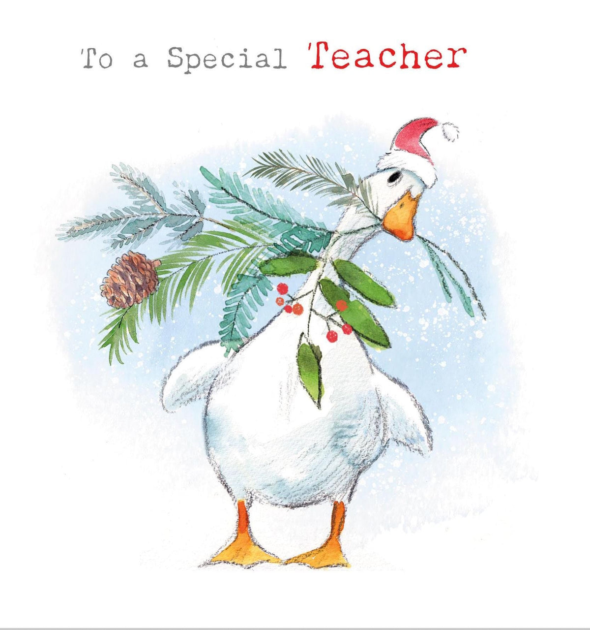To a Special Teacher Christmas Card - White Duck with Foliage