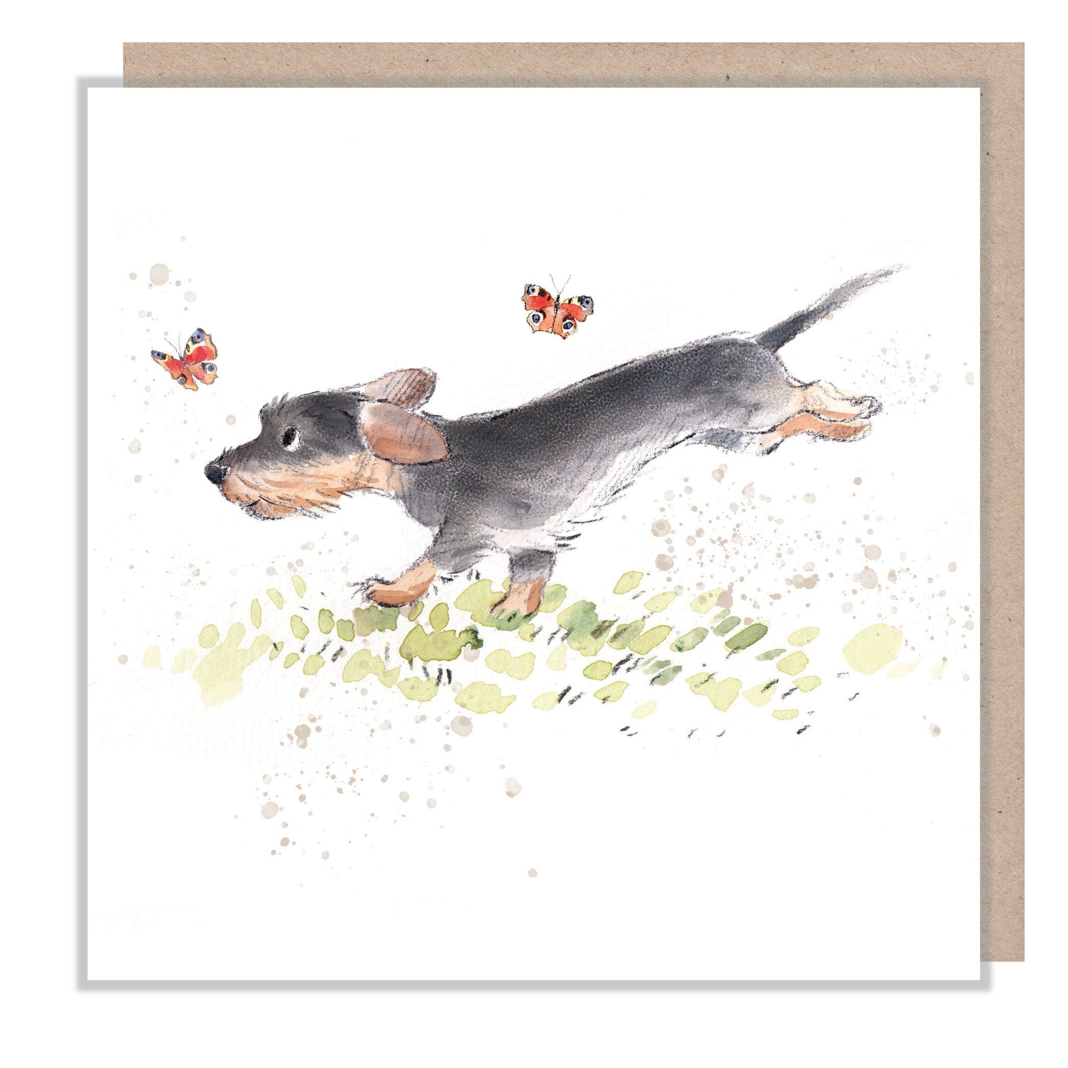 Blank Card - Running Sausage Dog with Butterflies