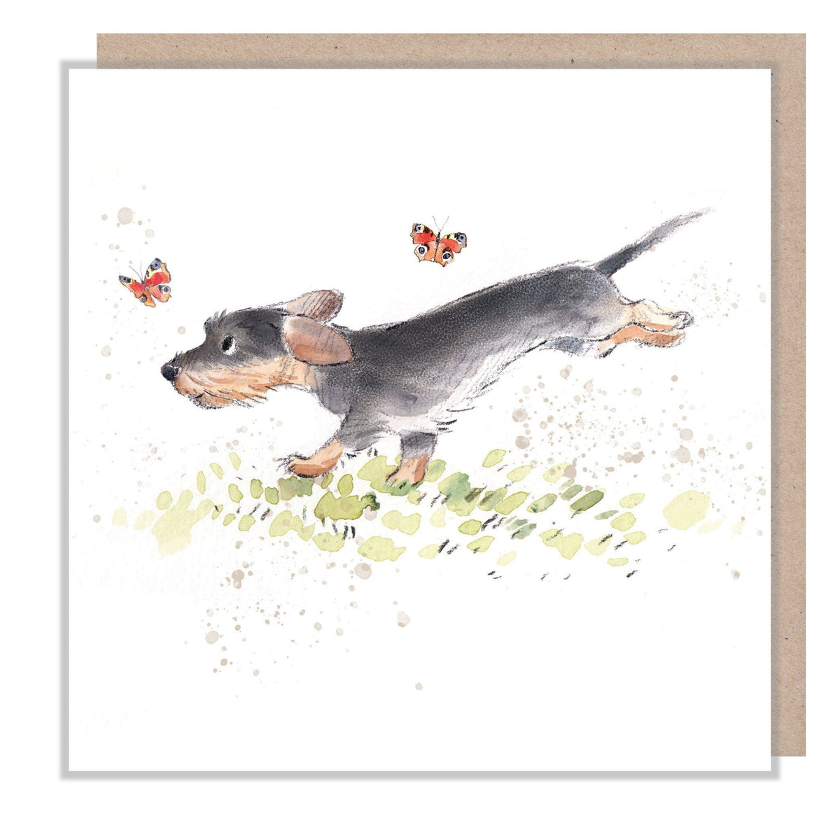 Blank Card - Running Sausage Dog with Butterflies