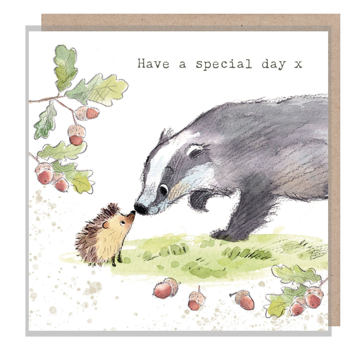 Cute Badger Card - Have a Special Day - Badger with Hedgehog and Acorns