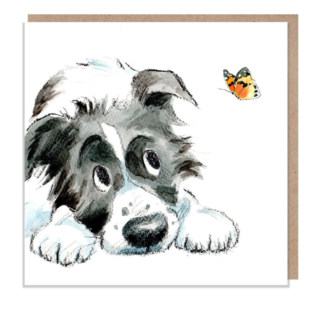 Cute Dog Card- Blank - Black and White Collie with Butterfly