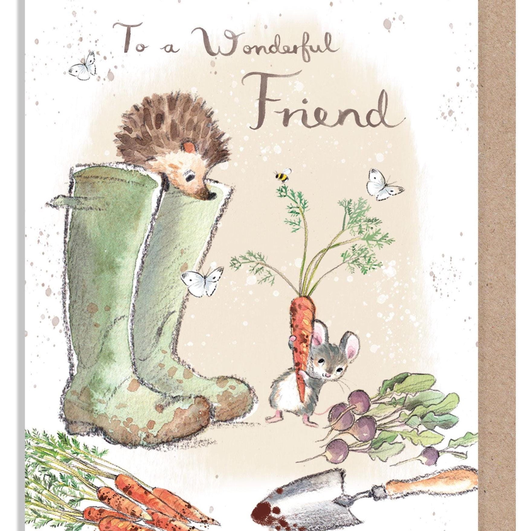 Birthday Card - Wonderful Friend - Hedgehog and Mouse with Green Wellies