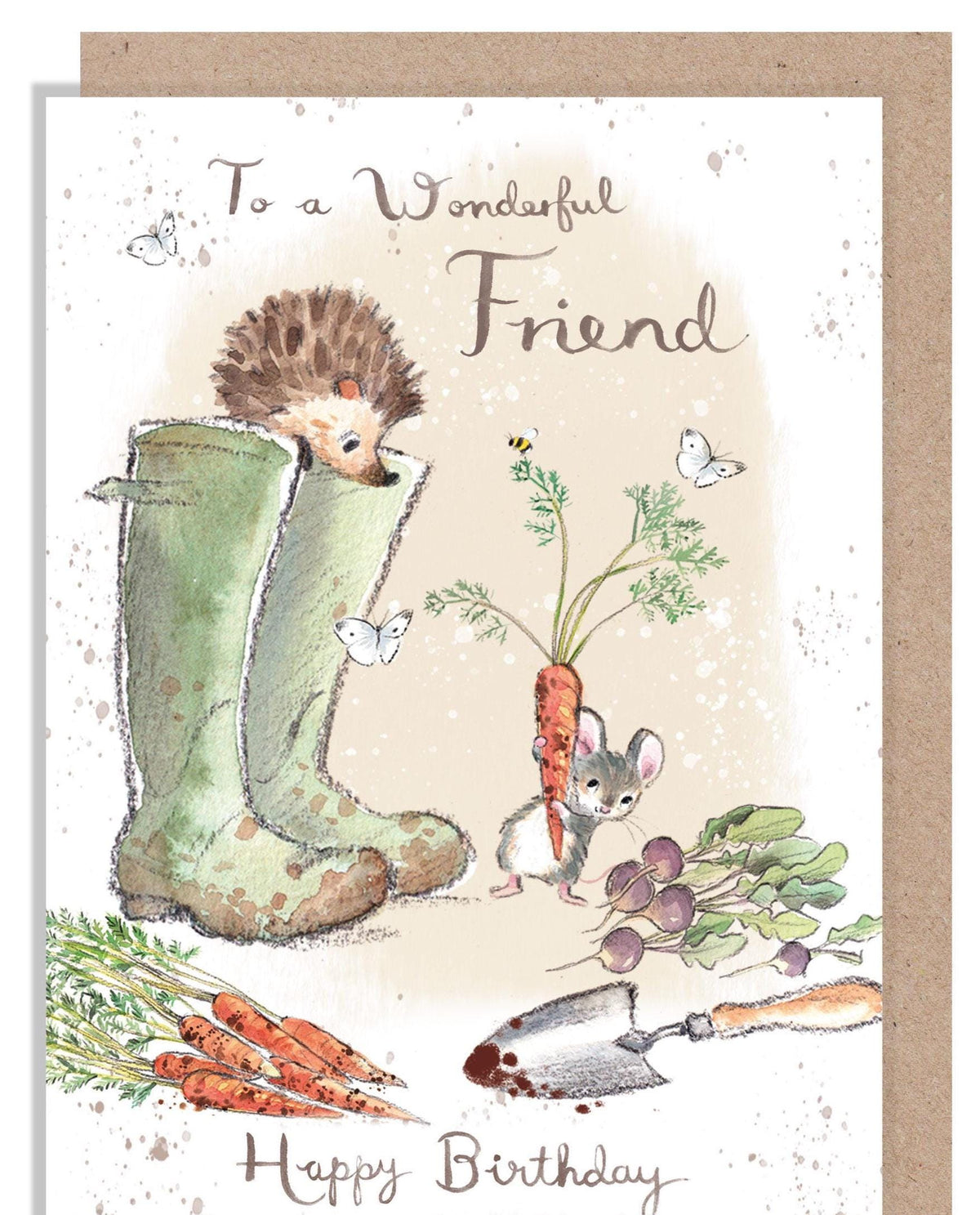 Birthday Card - Wonderful Friend - Hedgehog and Mouse with Green Wellies