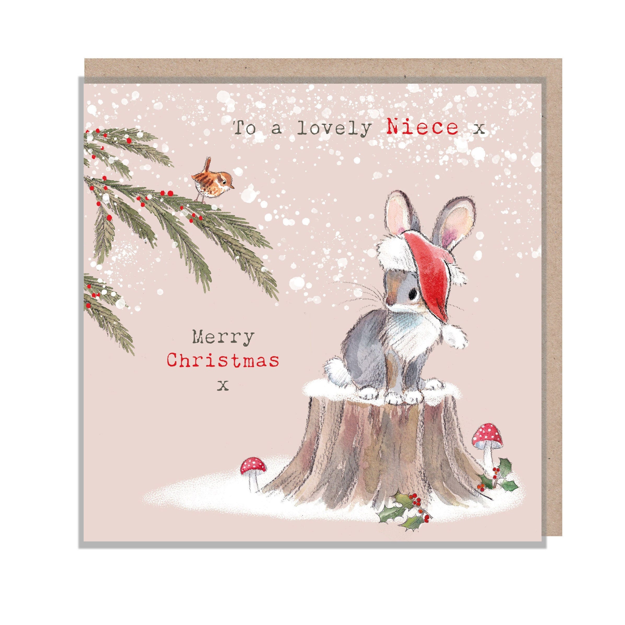 Christmas Card - to a Lovely Niece - Rabbit on Log Looking at Little Bird.