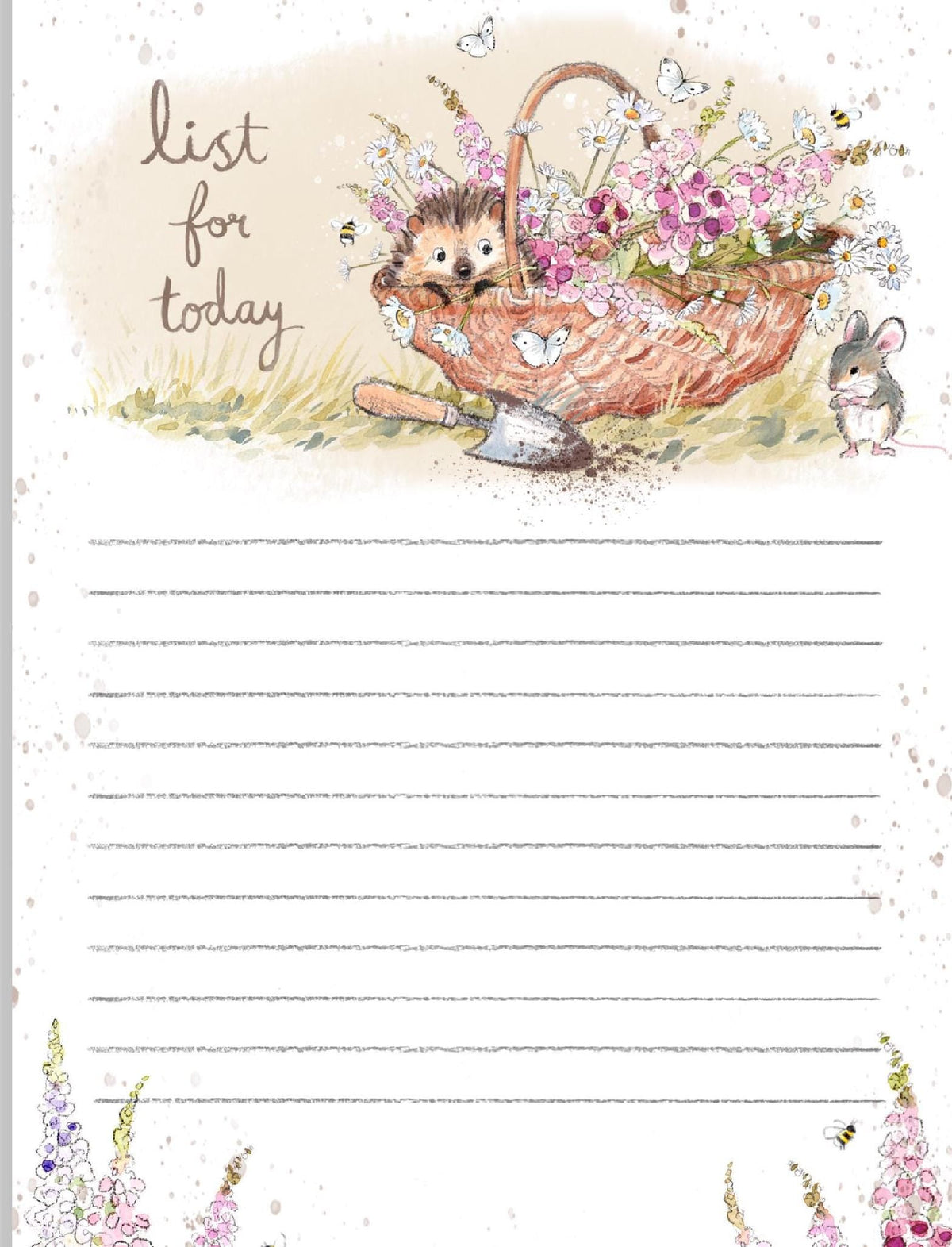 Note Pad - 100 Sheets - List For Today - Hedgehog and Mouse in Basket Of Flowers