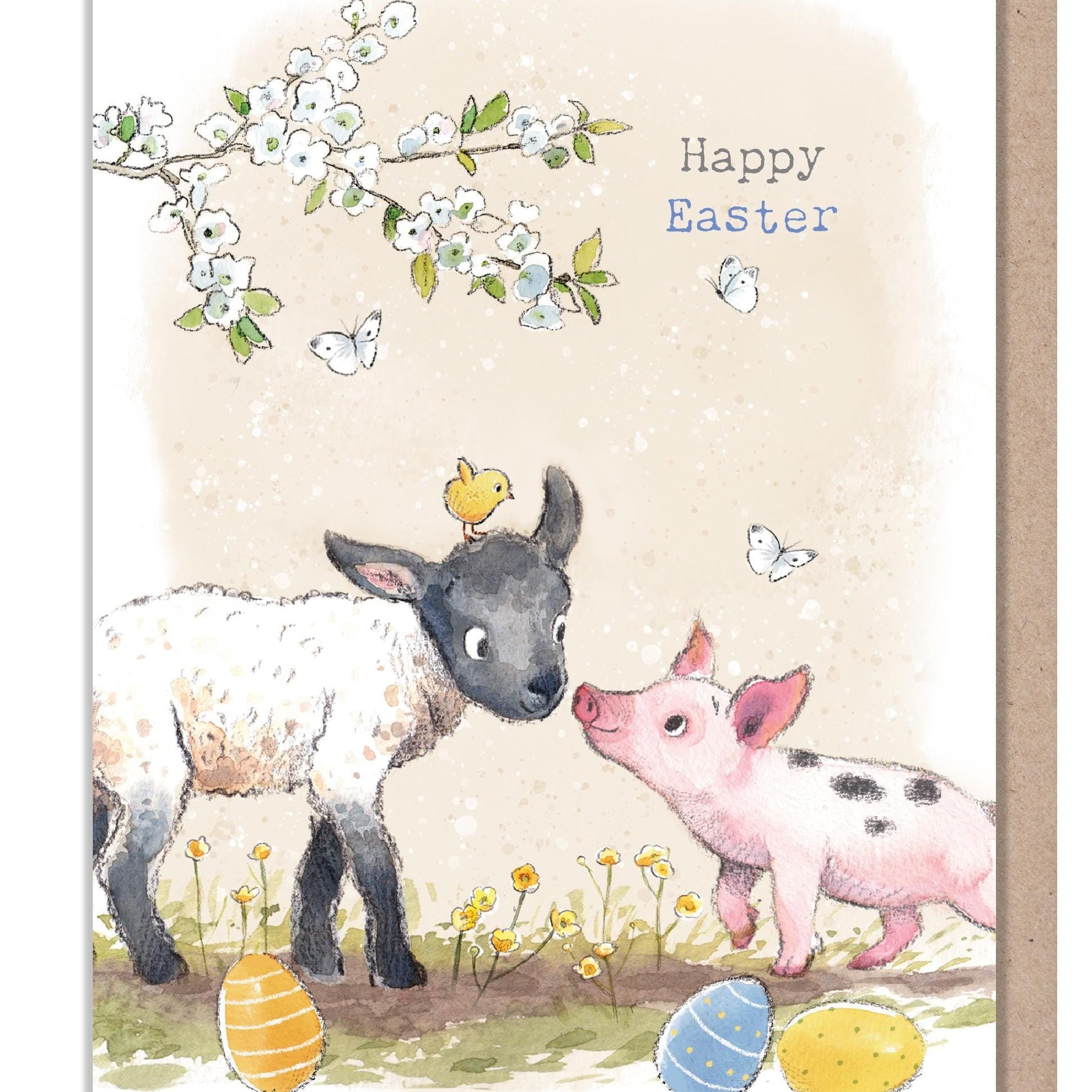 Happy Easter Card - Lamb, Piglet and Chick with Eggs