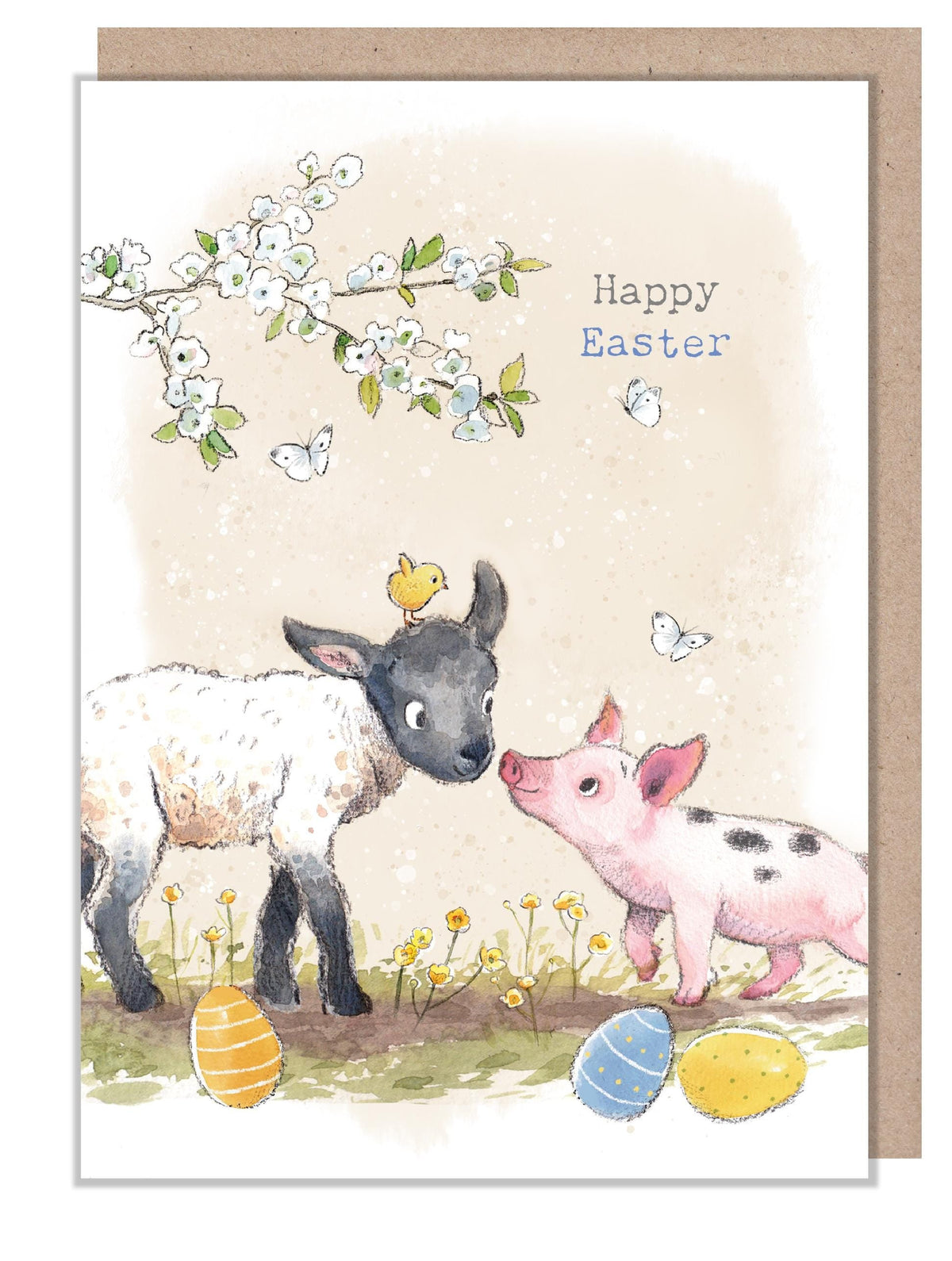 Happy Easter Card - Lamb, Piglet and Chick with Eggs